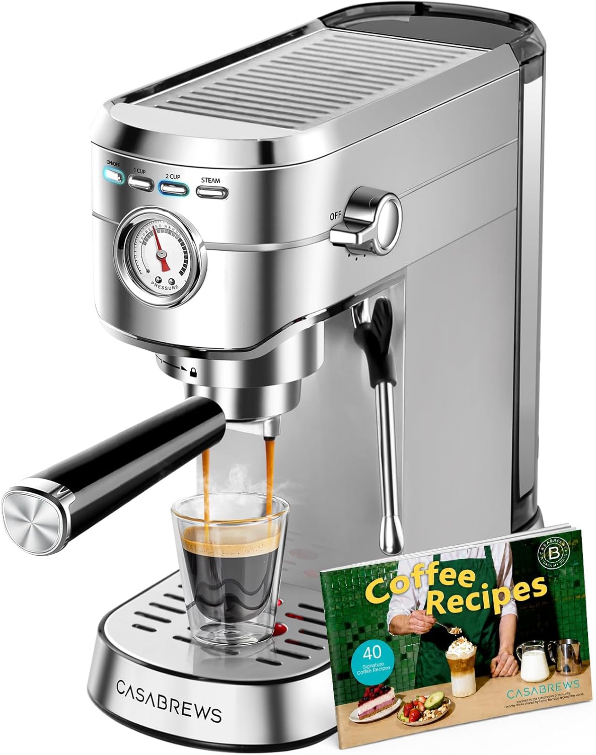 CASABREWS CM5418 Espresso Machine 20 Bar, Compact Espresso Maker with Steam Milk Frother, Stainless Steel Coffee Machine with 34oz Removable Water Tank for Cappuccino, Small Latte Machine, Silver