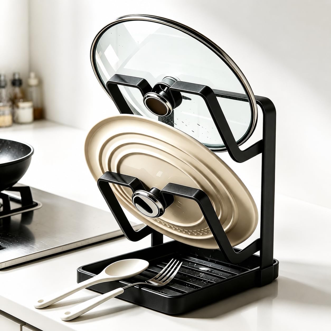 Pot Lid Holder, Carbon Steel Rack with Removable Kitchen Drip Tray | Pre-assembled; removable dishwasher-safe tray; anti-slip; fits 7.5–14 in lids; ideal for families & small apartment kitchens