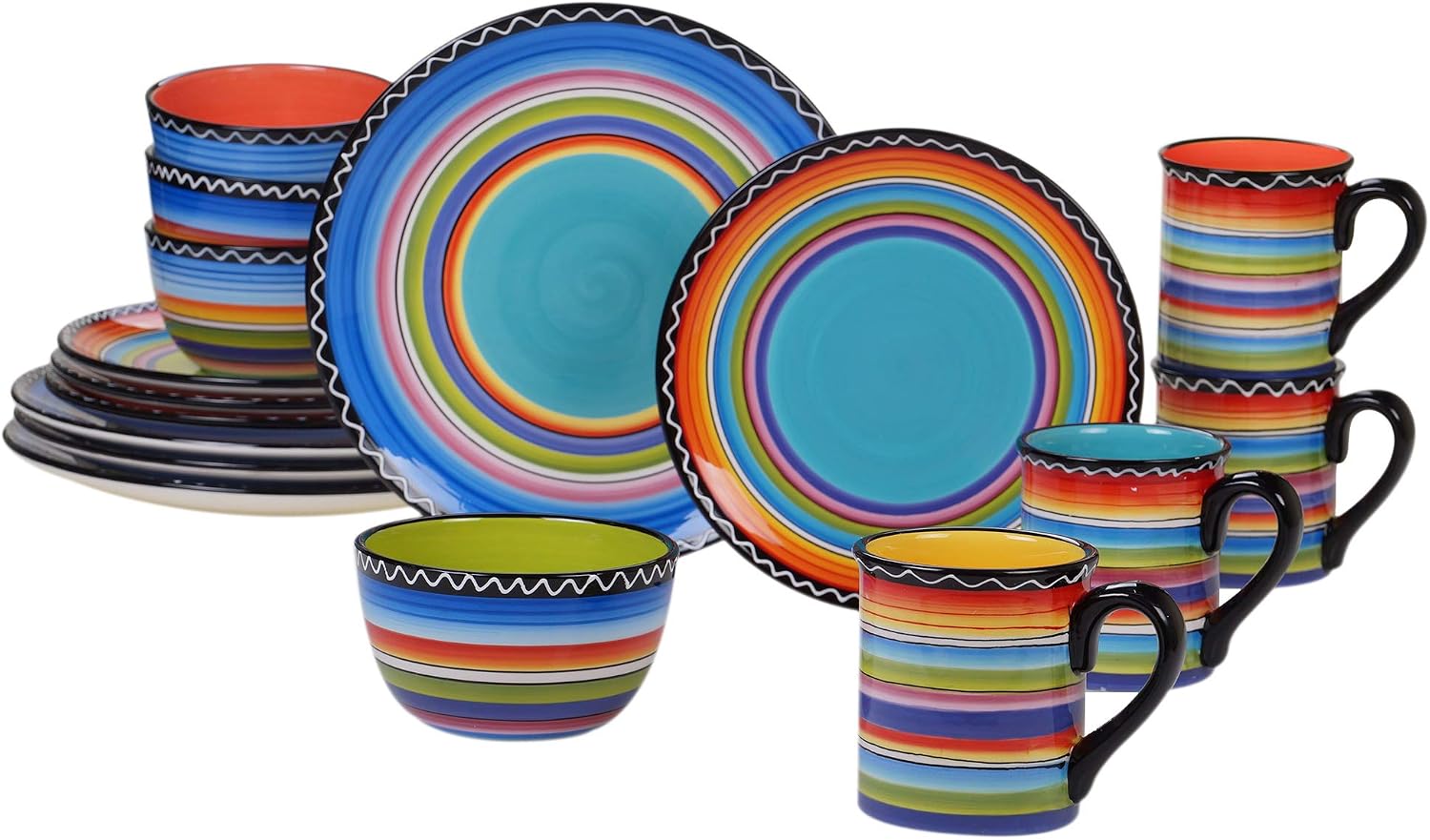 Tequila Sunrise 16-Piece Boho Ceramic Dinnerware Set – Vibrant Multicolor Plates, Bowls & Mugs for 4 – Bold Microwave & Dishwasher Safe Fiesta-Inspired Tableware for Everyday Dining