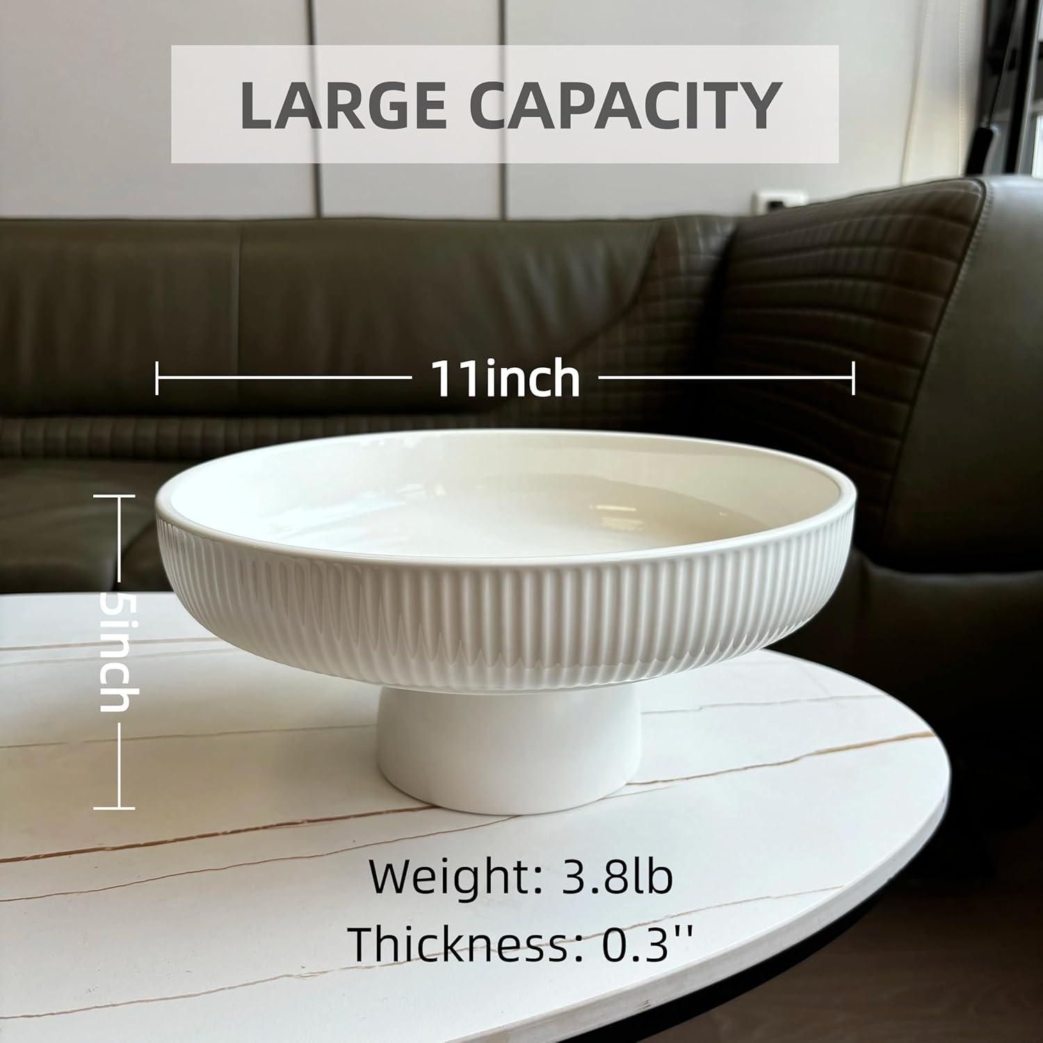 11″ Ceramic Fruit Bowl for Kitchen Counter, White | Large Decorative Bowl – spacious pedestal bowl blending decor with high-capacity storage for fresh fruits or centerpieces