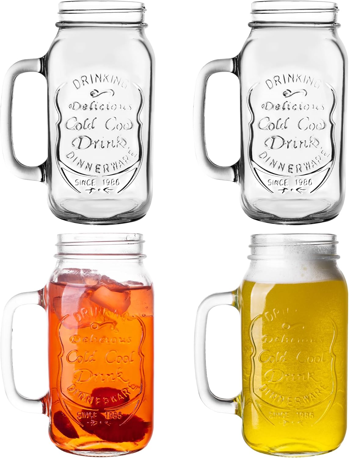 QWEZXO 24 OZ Mason Jar Drinking Glasses for Party Beverages Materials and Jars with Comfortable Handle Easy to Clean in the Dishwasher 4Pack