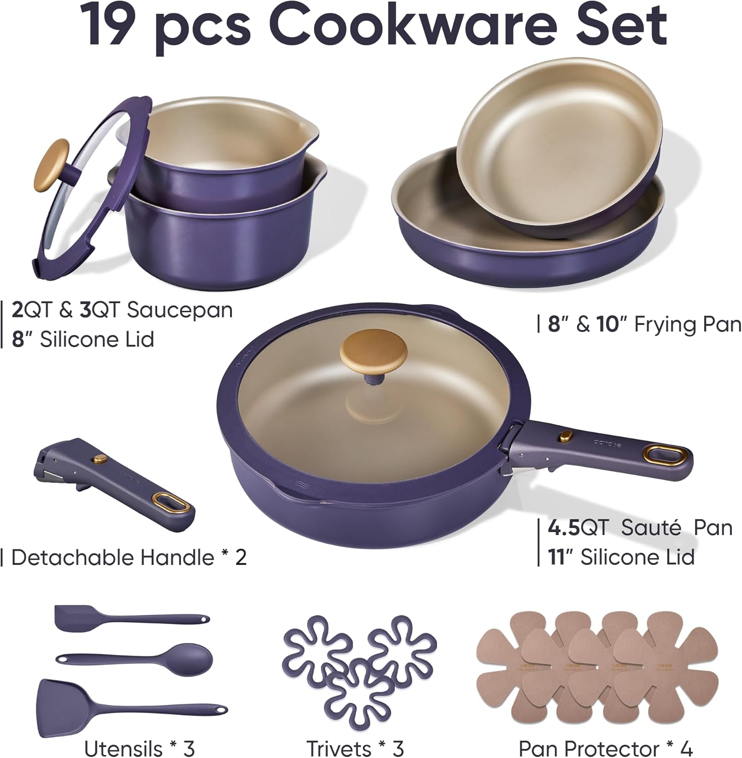 CAROTE 19 Pcs Pots and Pans Set, Nonstick Cookware Sets with Detachable Handle, Purple Dishwasher Safe, Oven Safe, Cookware Non Stick Cooking Set w/Frying Pans & Saucepans(PFOS, PFOA Free)