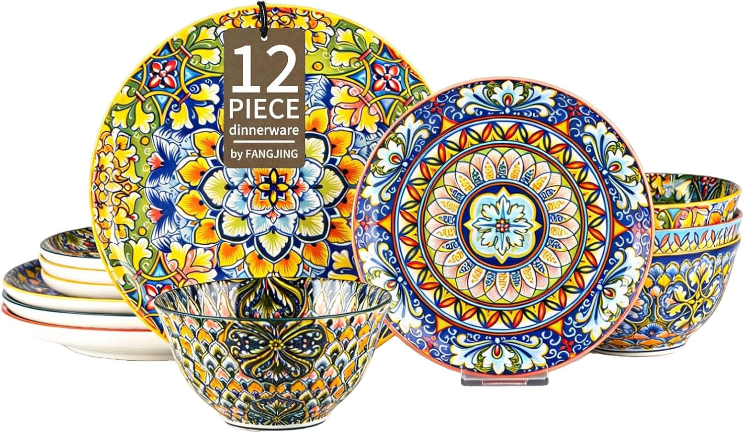 12-Piece Bohemian Floral Ceramic Dinnerware Set, Vibrant Mandala Floral Plates Bowls, Decorative Plates & Bowls, Microwave & Dishwasher Safe for Kitchen