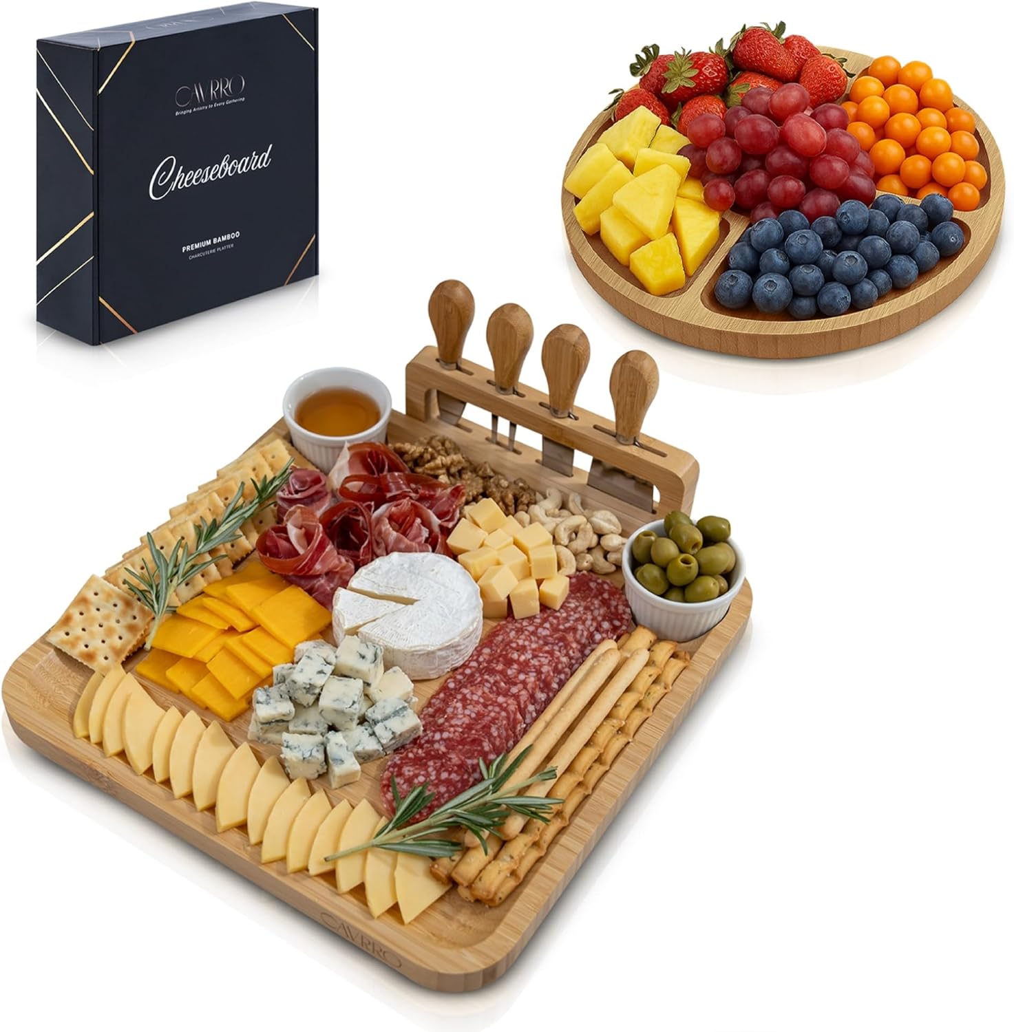 Charcuterie Board Set Bamboo with Cheese Knives and Bowls, Large Wooden Serving Platter for Entertaining, Housewarming and Wedding Gift by Cavrro