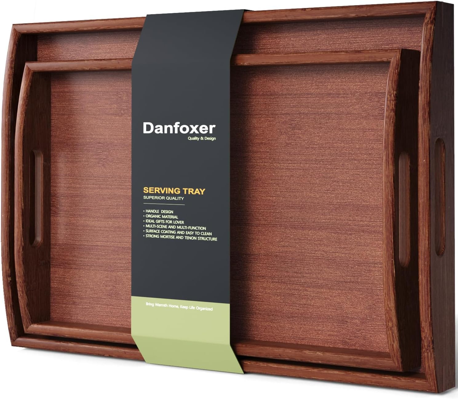 Bamboo Set of 2 Serving Tray with Handles,Large & Small Food Serving Trays for Coffee Table, Kitchen Counter, Breakfast, Party, Decorative Trays for Eating, Ottoman, Bathroom(Brown)
