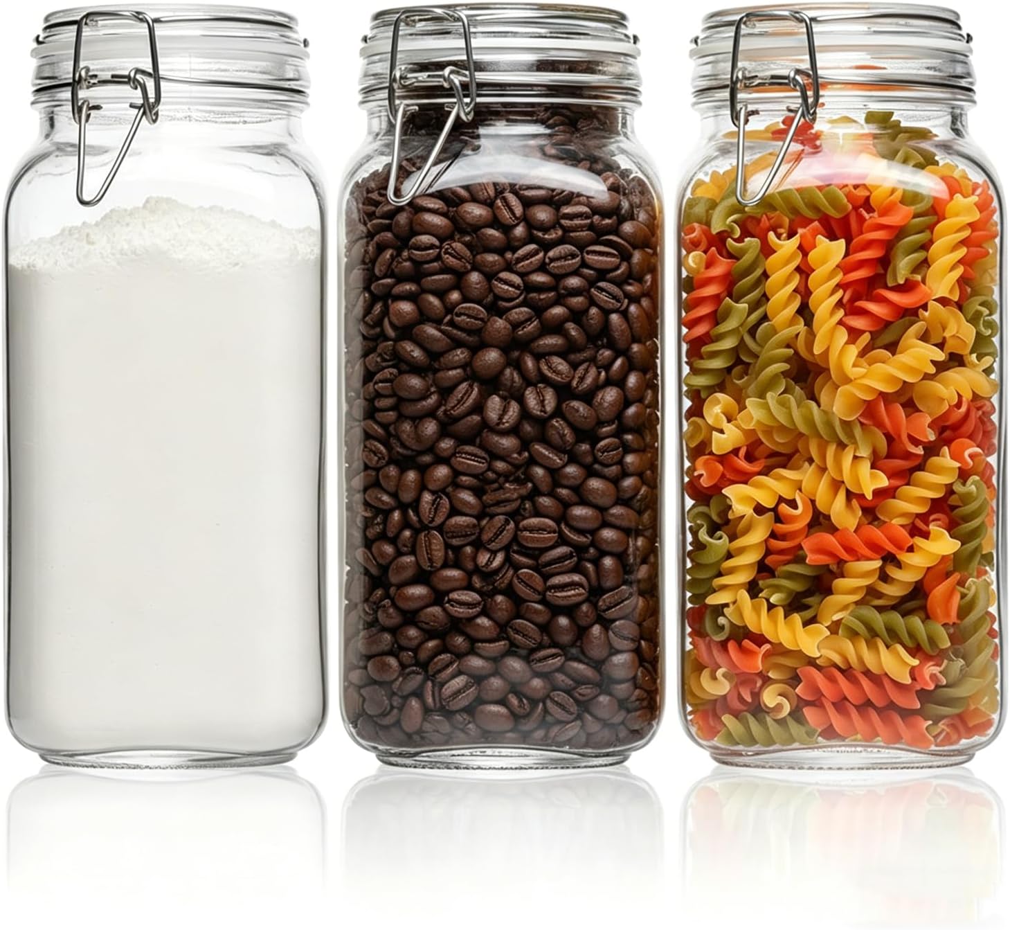 ComSaf 3-Pack 78oz Large Square Airtight Glass Jars for Bulk Food, Holds a 4lb Bag of Sugar or 5lb of Rice, Wide Mouth Canister for Flour, Coffee & Pantry Organization