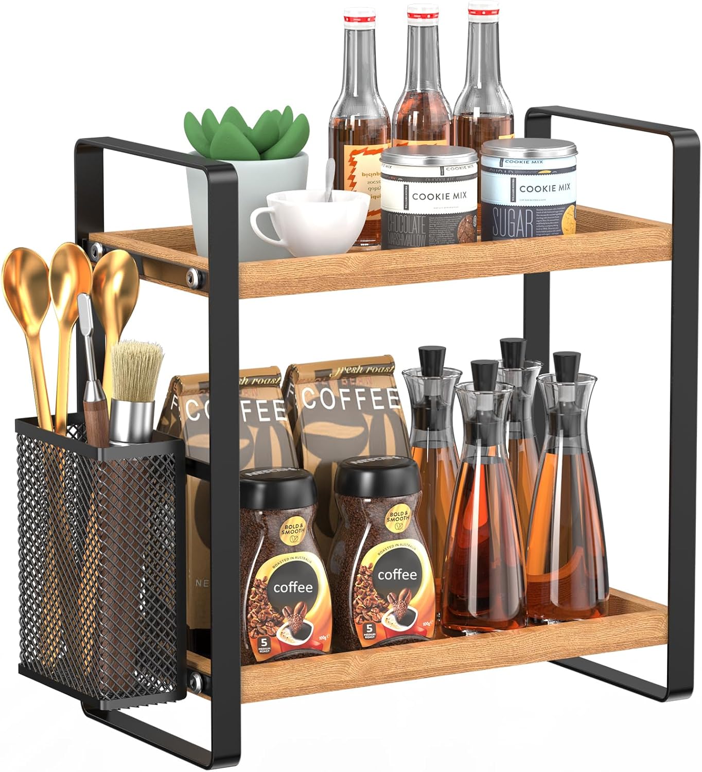 LEMIKKLE 2-Tier Coffee Bar Organizer With Basket,Wooden Counter Shelf for Coffee Bar Accessories,Kitchen Spice Rack Organizer for Countertop-Brown