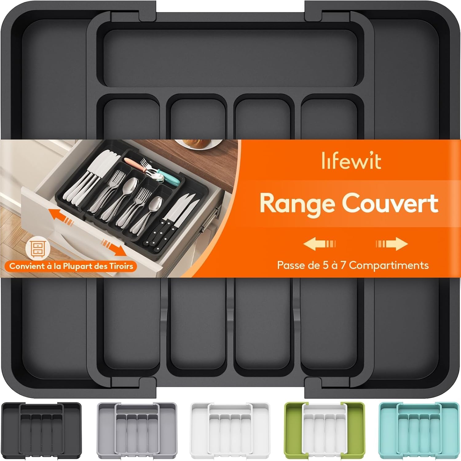 Lifewit Silverware Drawer Organizer, Expandable Utensil Tray for Kitchen, BPA Free Flatware and Cutlery Holder, Adjustable Plastic Storage for Spoons Forks Knives, 8.9-14.7 x 12.2″, Black