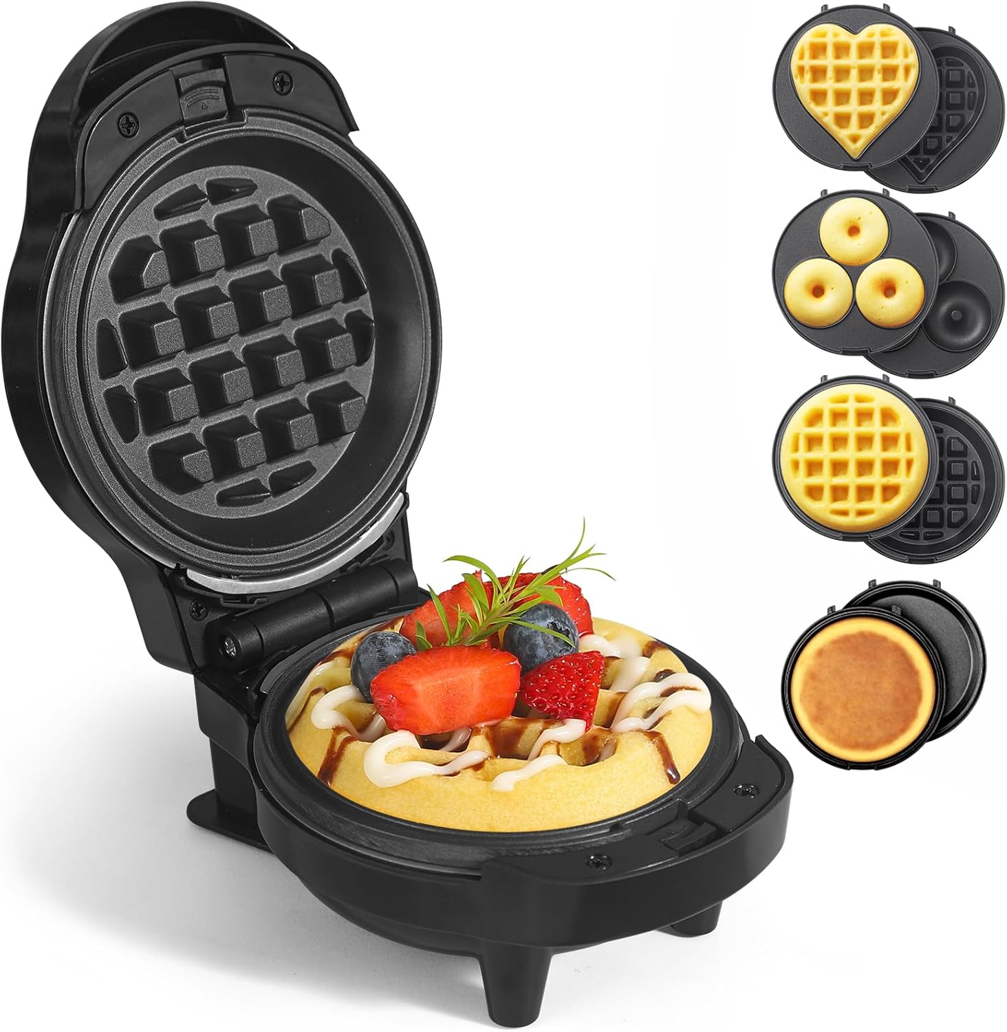 UVFAST Mini Waffles Maker with 8 Removable Plates, 4 in 1 Small Waffle Maker Mini- Waffle, Heart Waffle, Pancake, Donut, 4.5″ Non Stick Waffle Iron for Families, Black