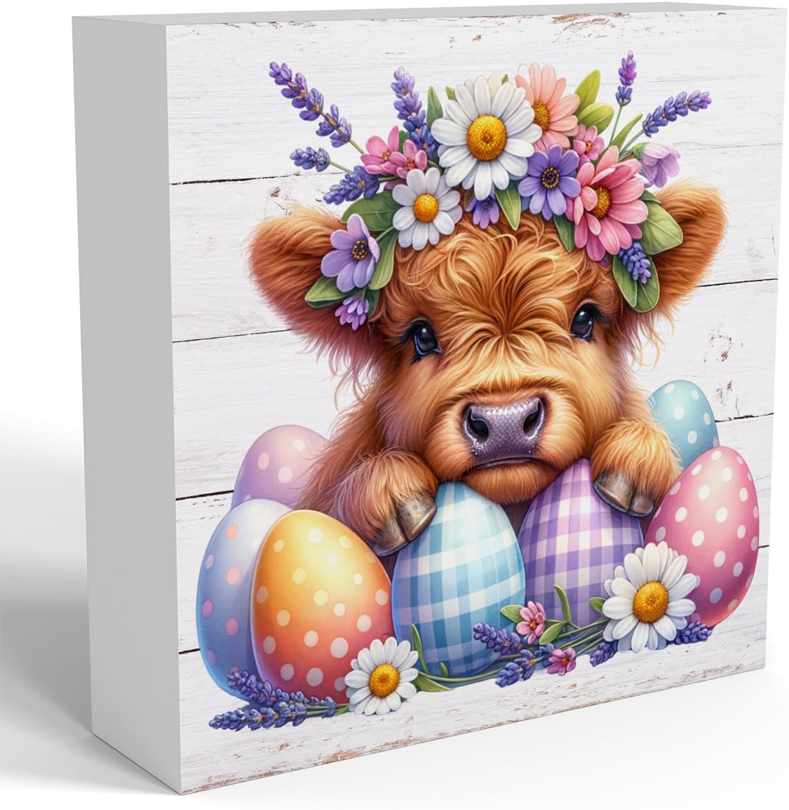 Easter Desk Decorations, Easter Highland Cow Decorations for Home, Retro Farmhouse Flower Egg Highland Cow Wooden Box Sign, Home Office Kitchen Bathroom Party Shelf Table Centerpiece Decor