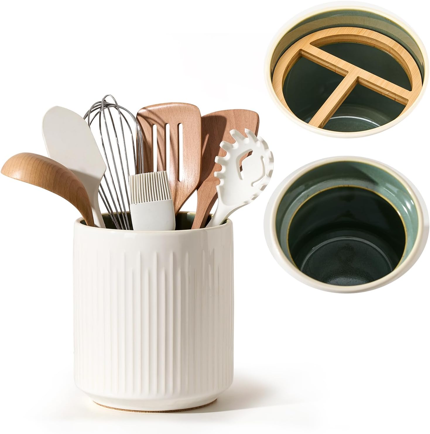 JIEMEI HOME Kitchen Utensil Holder, 7.2″ Large Ceramic Stable Utensil Crock for Countertop, Utensil Organizer with Cork Mat, Removable Bamboo Divider for Easy, Kitchen Decor, White & Green