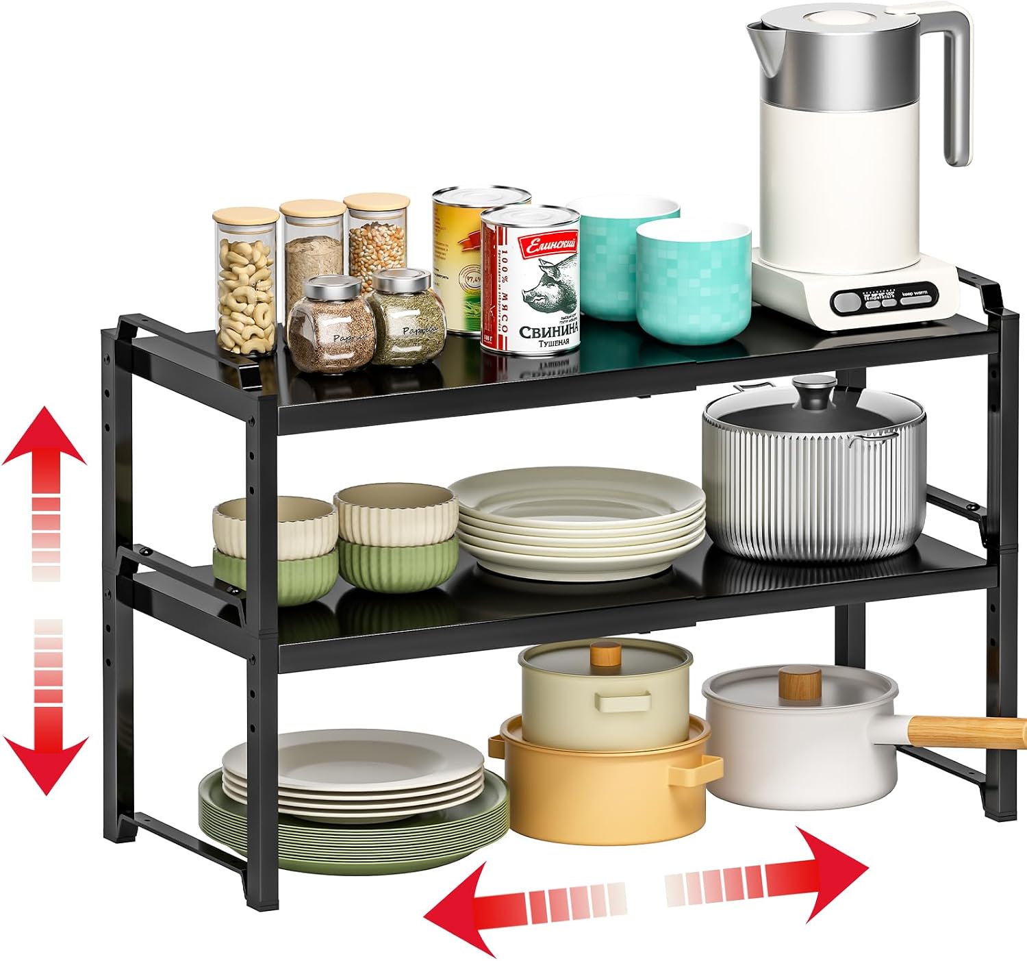 X-cosrack 12″ Wide 100LBS Loading-Bearing Heavy Duty Kitchen Storage Shelf, Expandable Cabinet Shelf Organizer, Stackable Adjustable Storage Shelves for Kitchen Cabinet Cupboard Pantry Counter