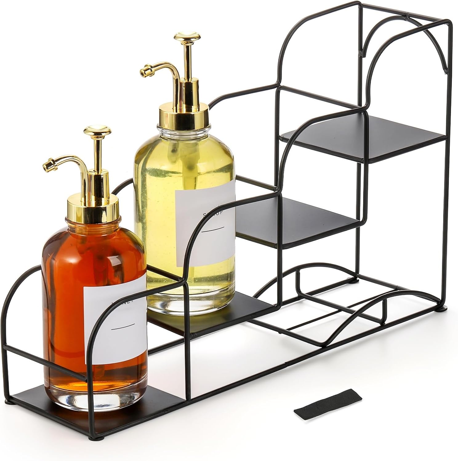 Noamus 4-Tier Syrup Bottle Holder, Iron 4 Compartment Bottle Organizer Rack, 16″ Countertop Display Storage Shelf Bottle Stand, Metal Coffee Bar Organizer for Dressing, Wine, Juice, Kitchen, Black