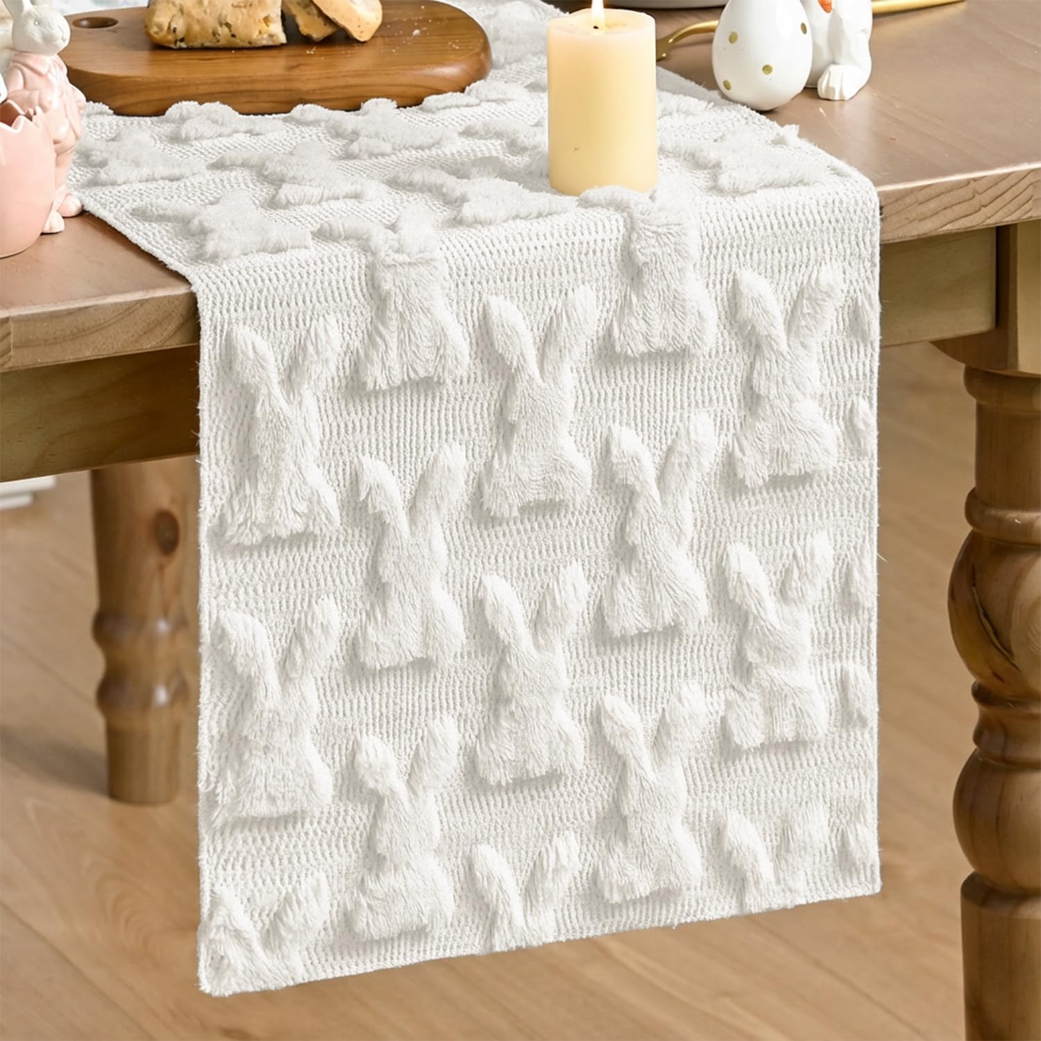 Artoid Mode White Soft Plush Faux Fur Jacquard Bunny Rabbit Easter Table Runner, Seasonal Kitchen Dining Table Decoration for Home Party Decor 13×72 Inch