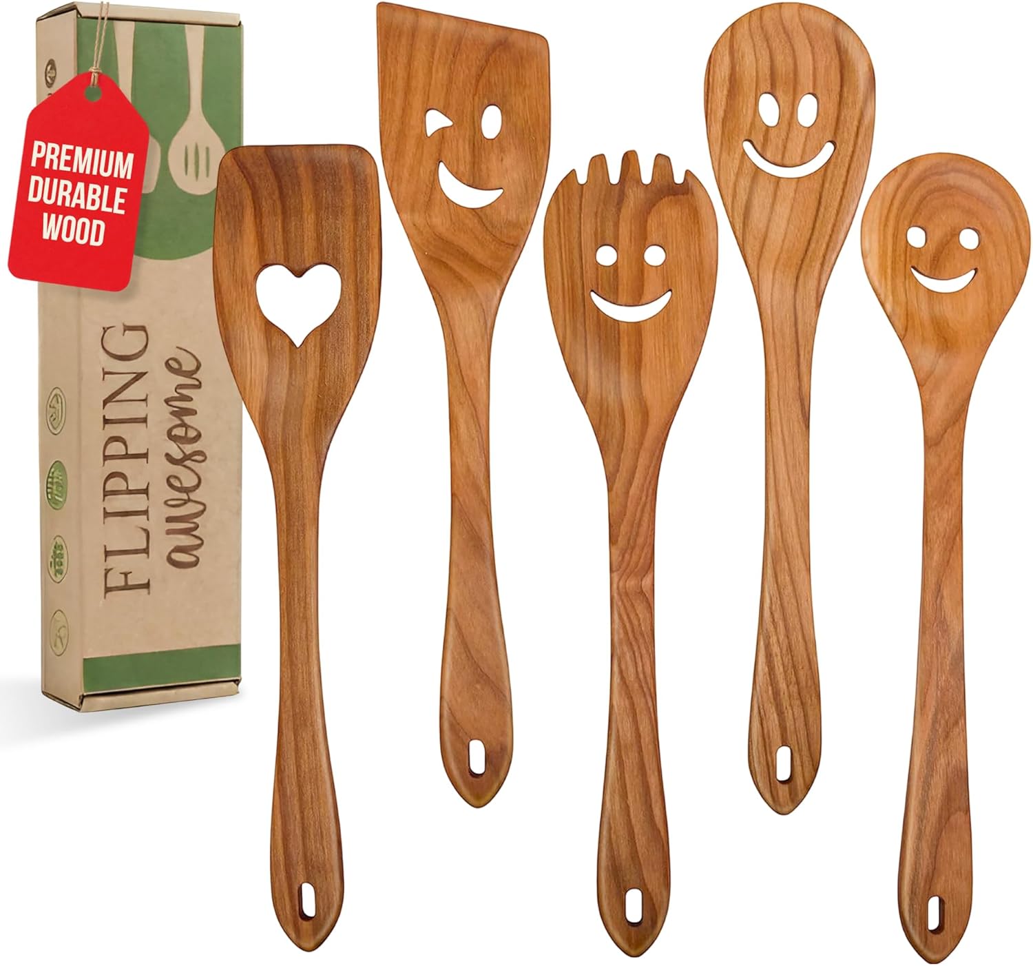 MFC 5-Piece Wooden Cooking Spoons – Kitchen Set from Natural Cherry Wood – Wooden Spoons for Cooking – Funny Utensil Set with Smiley Faces – Cooking Multipurpose Wood Utensils