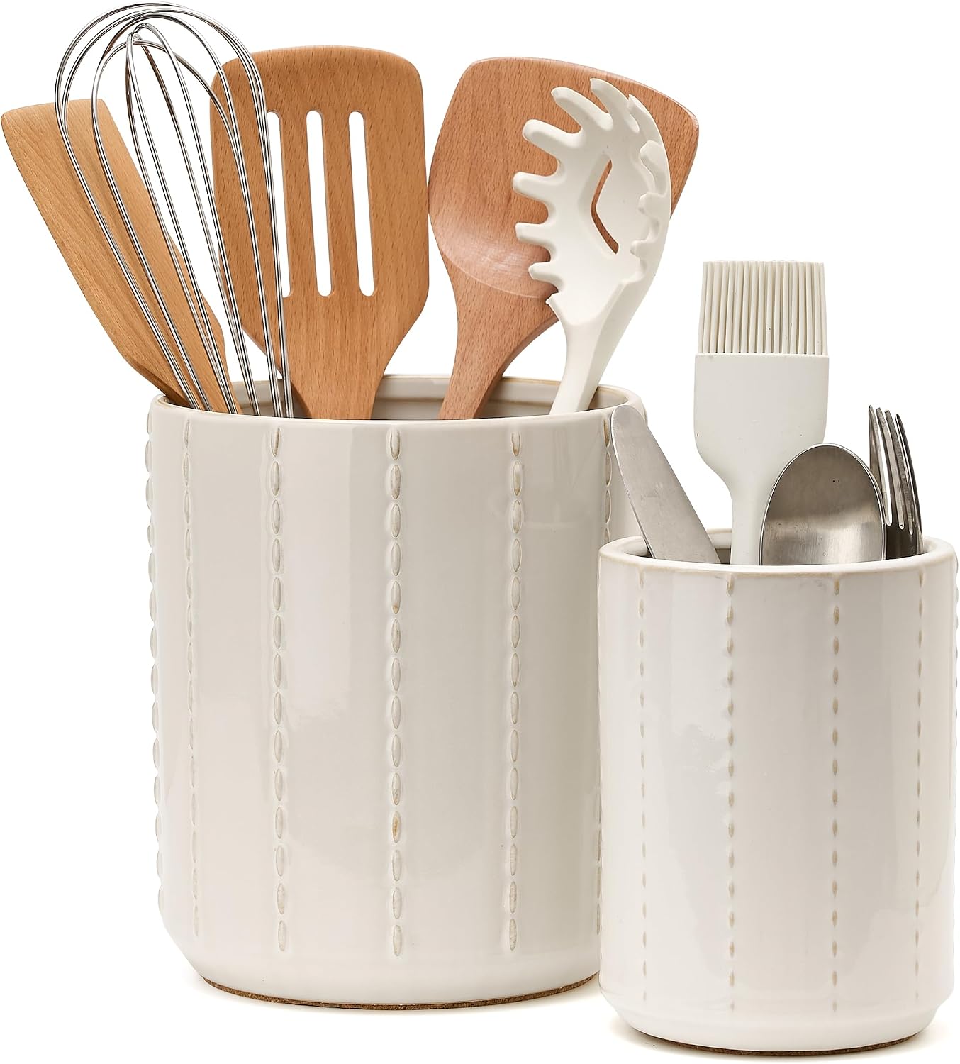 JIEMEI HOME Kitchen Utensil Holder, Large 7.5″+6.2″ Bead Chain Ceramic Utensil Crock for Countertop, Utensil Holder with Cork Mat, Morden Utensil Organizer for Spatula, Kitchen Decor, Set of 2, White