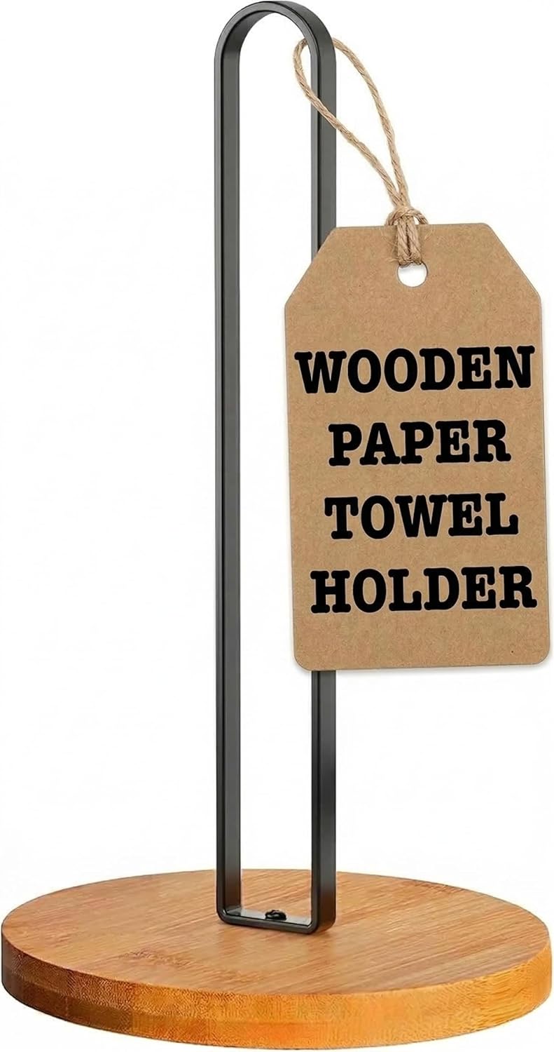 Paper Towel Holder Countertop – Freestanding Black Paper Towel Holder with Bamboo Wood Base, Minimalist Paper Towel Stand for Kitchen Counter, Modern Metal Paper Towel Dispenser for Home, by Bambusi