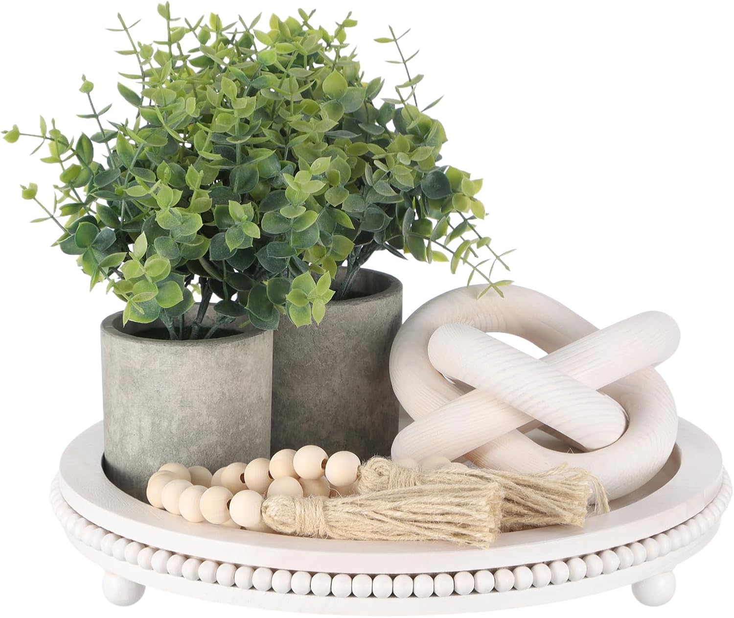 5 Pcs Bohemian Home Decor Set 12 inch Beaded Circular Wooden Tray Artificial Eucalyptus Potted Plants Wooden Knot Chain Ring Decoration for Farmhouse Wedding Table Decoration