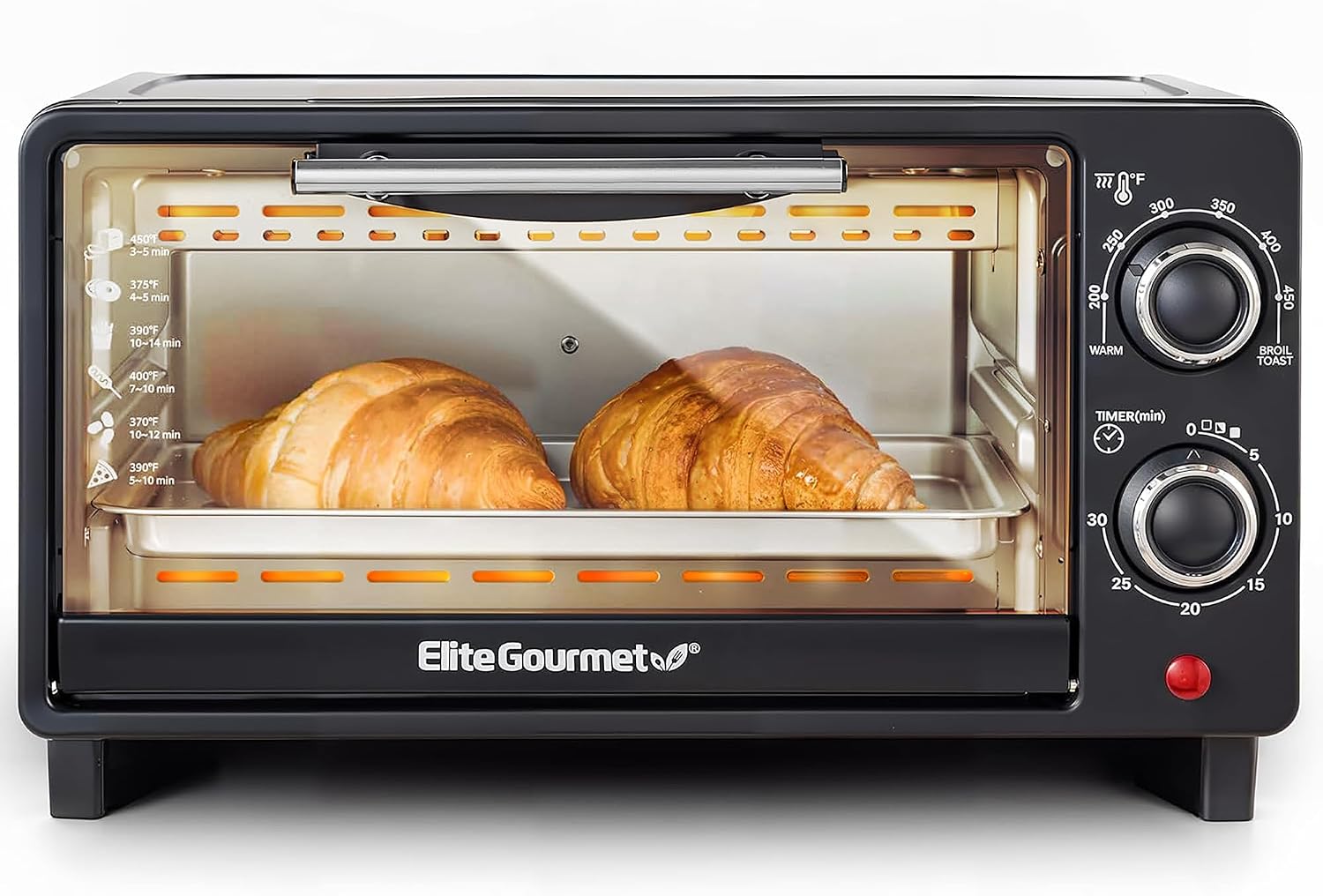 Elite Gourmet ETO490 9L/4 Slice Countertop Toaster Oven with 30-Minute Timer, Adjustable Temperature Control, Includes Baking Pan, Wire Rack and Crumb Tray, Bake, Broil, Toast, Black