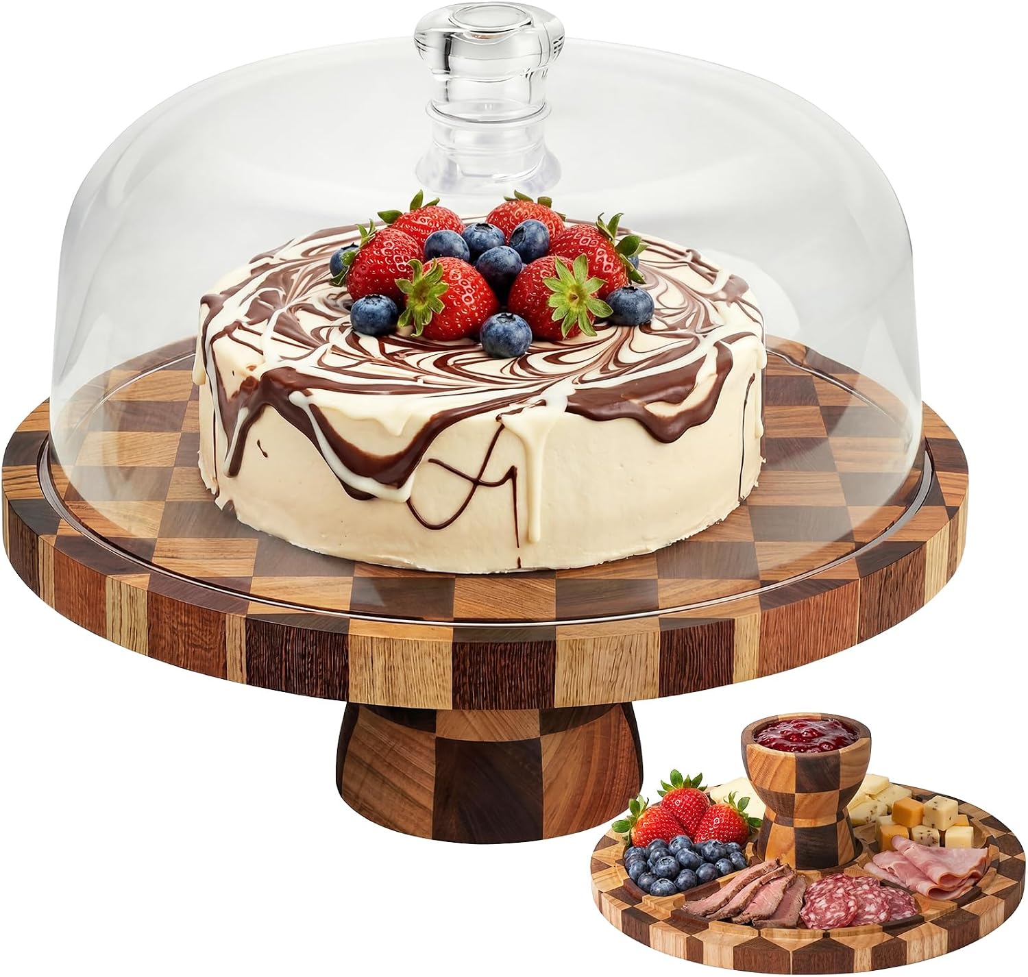 Metflavor Cake Stand with Shatterproof Acrylic Dome Lid – 12in Wooden Cake Stand, 2-in-1 Dessert Display & Charcuterie Board, Checkered Platter for Serving Cupcakes, Cheese and Fruits