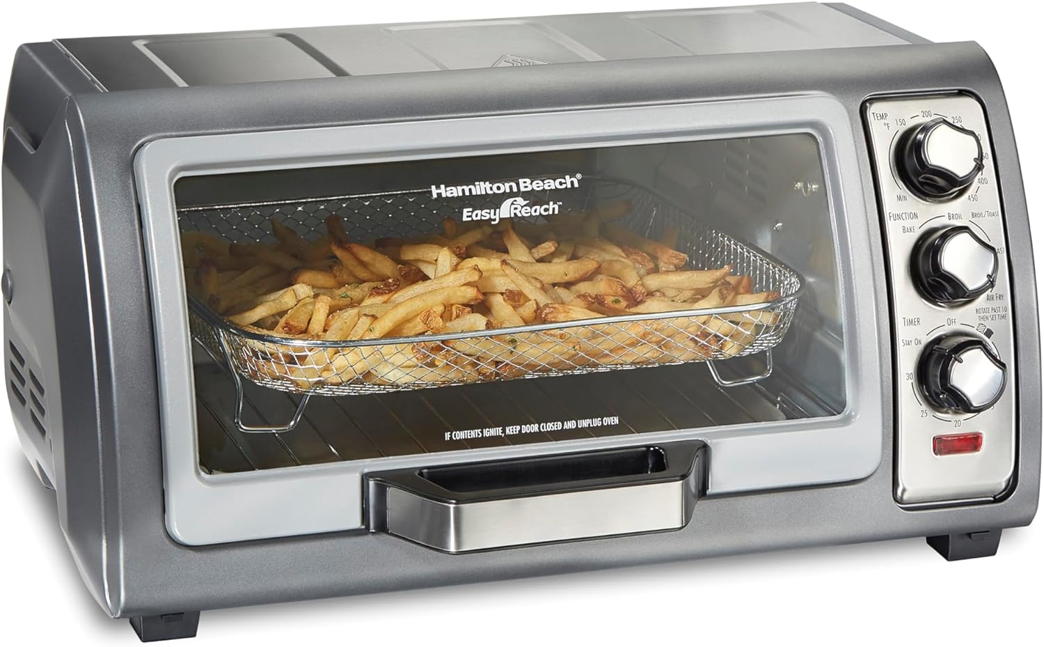 Hamilton Beach Air Fryer Toaster Oven Combo, Stainless Steel | Large Capacity, Fits 6 Slices or 12″ Pizza, 4 Cooking Functions: Convection, Bake, Broil, Roll-Top Door