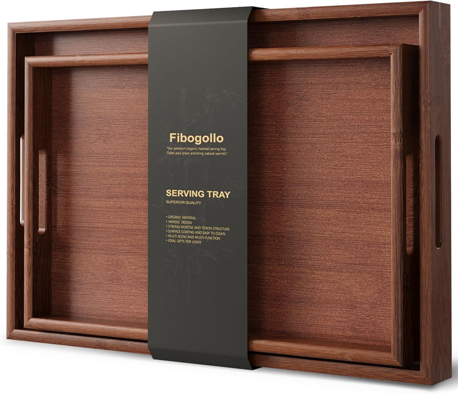 Fibogollo Bamboo Set of 2 Serving Tray with Handles,Decorative Trays Platter,Breakfast Tray in Bed,Food Drinks Tray for Eating,Working,Storing(Brown)