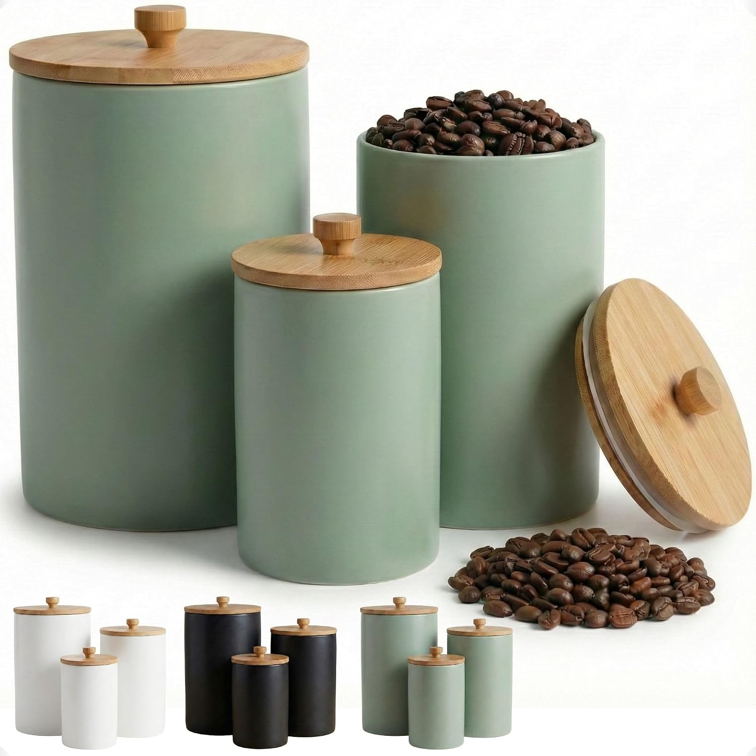 Ceramic Kitchen Canisters for Countertop Set of 3 with Airtight Bamboo Lids – Sage Kitchen Canisters with Airtight Lids – Flour Sugar Canister Set – Flour and Sugar Containers Farmhouse – Coffee Jar
