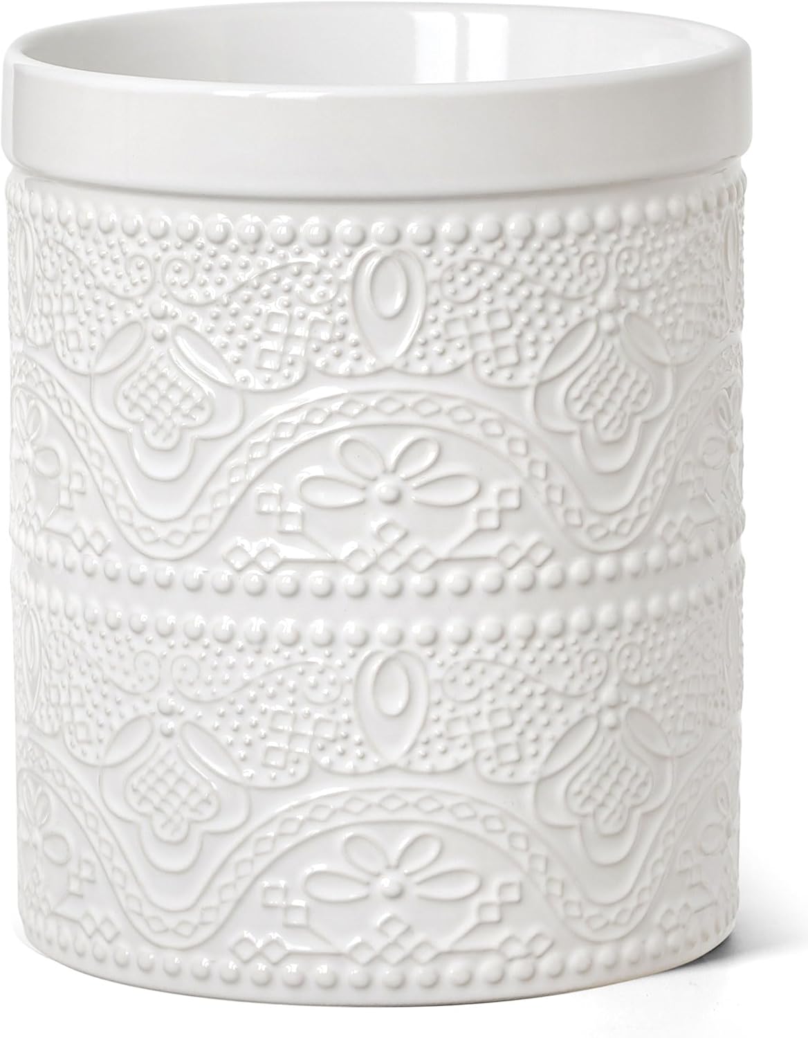 FUN ELEMENTS Kitchen Utensil Holder, 7.2″ Super Large Utensil Crock Heavy and Stable Lace Emboss Ceramic Utensil Holder for Kitchen Counter (Bright White)
