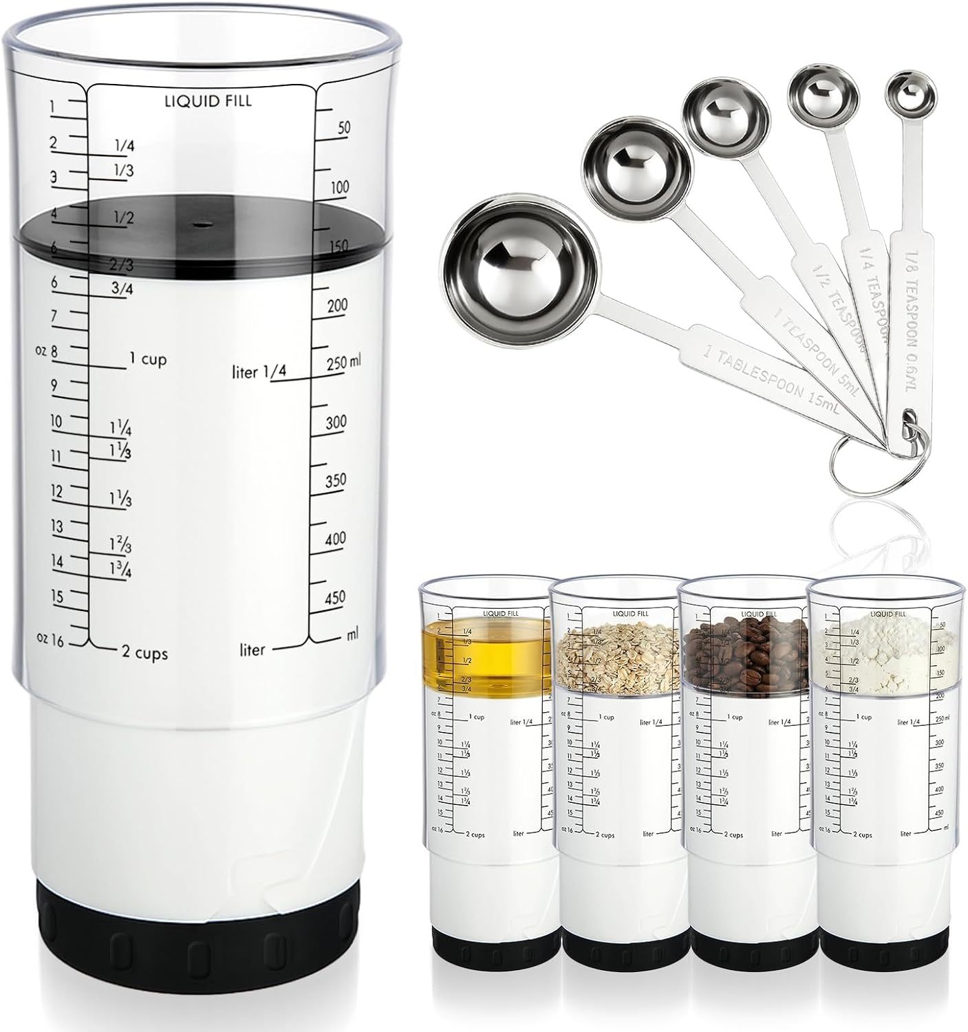 6 Pcs Adjustable Measuring Cups Set Includes 2 Cup Push up Measuring Cup and 5 Measurings Spoon for Peanut Butter 4 in 1 Liquid Dry Semi Solid Ingredient Home Cooking Tool