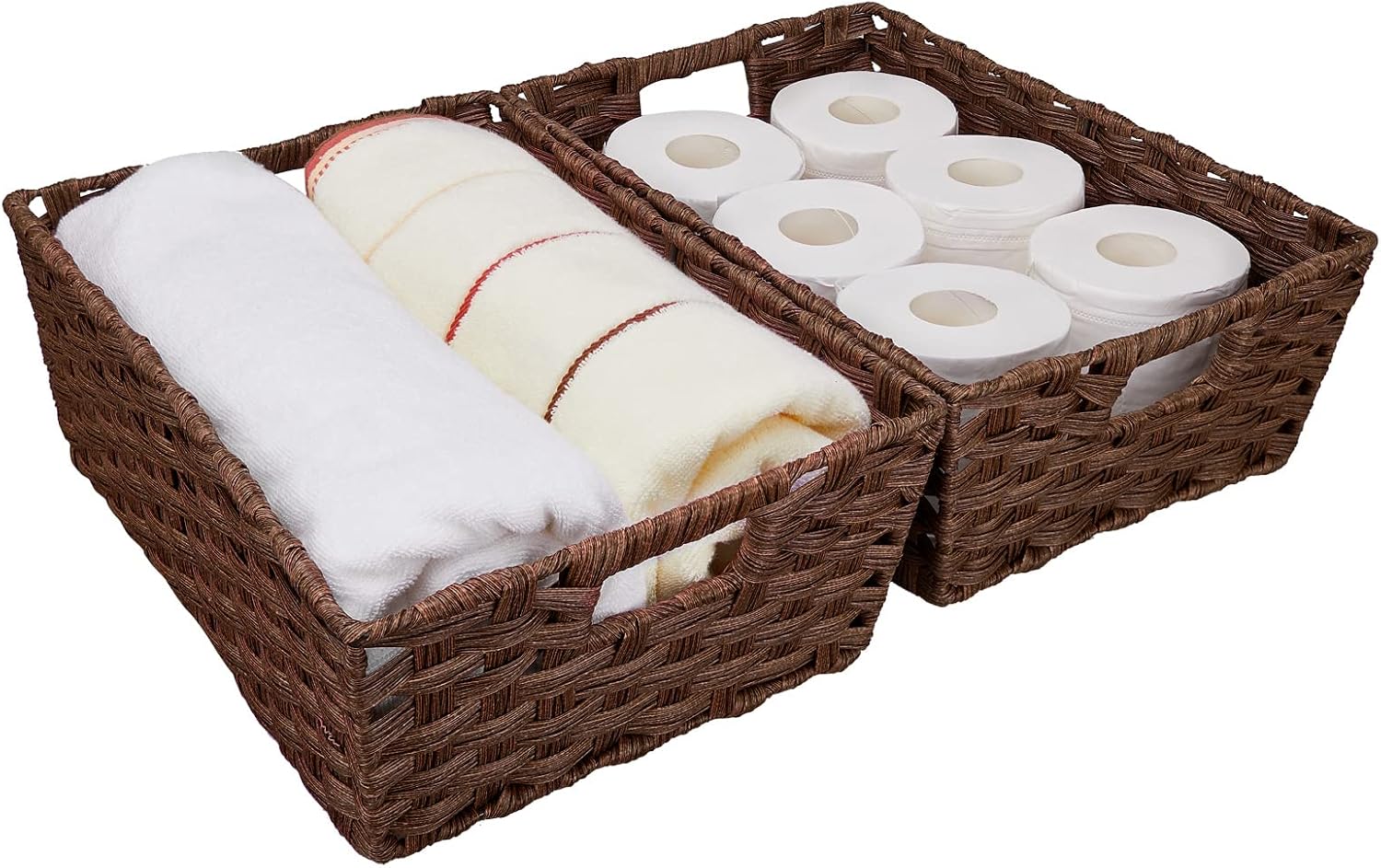 Onlytak Large Wicker Storage Basket, Metal Frame, Set of 2, Washable Waterproof, 15″ x 10.3″ x 5.2″, Brown Color, Woven Basket for Pantry, Toilet, Bathroom, Bedroom, Patio