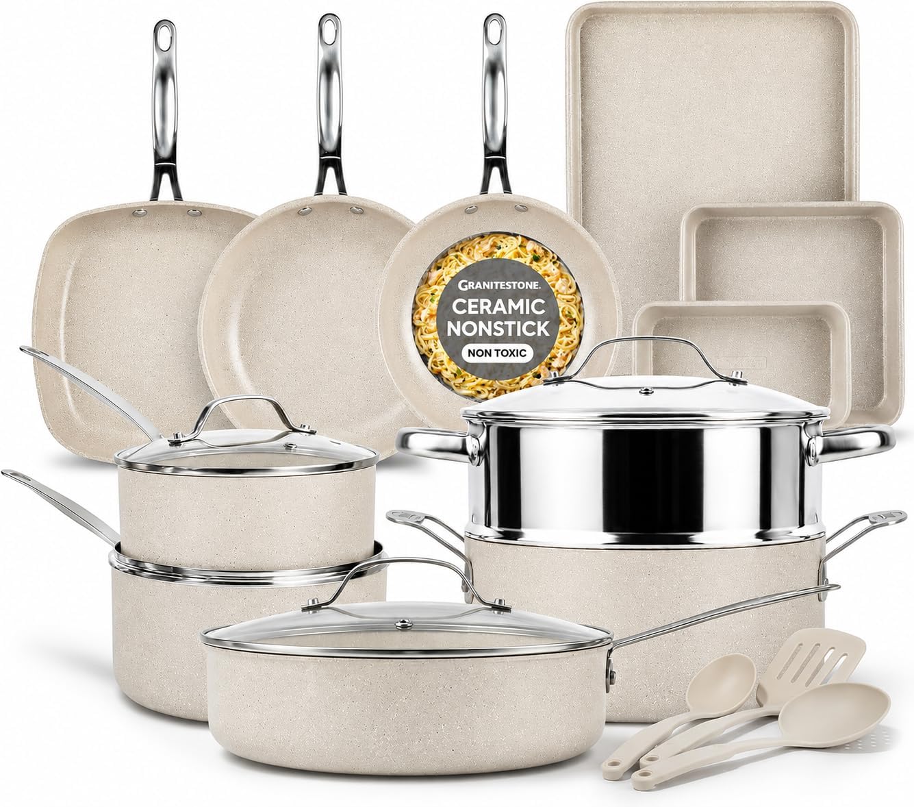 Granitestone Ceraluxe 20 Pc Ceramic Cookware Set Nonstick, Complete Pots and Pans Set Non Stick for Kitchen with Bakeware, Utensils & Steamer, Non Toxic Made Without PFOA PFOS, Oven & Dishwasher Safe