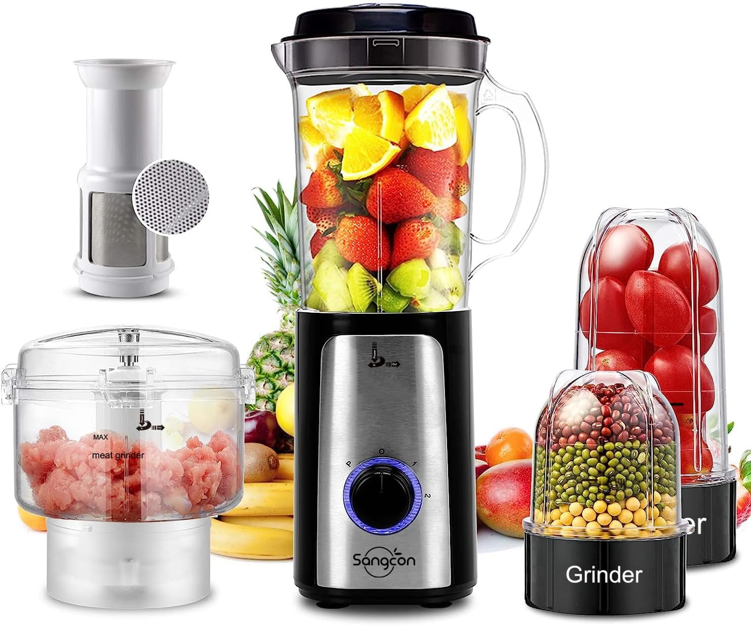 Sangcon Blenders for Kitchen, 5-in-1 Food Processor Combo for Smoothies Set | BPA-Free 47oz Pitcher, 2.5-Cup Bowl, 18/11oz Cups, 3 Blades; Housewives Prep Shakes, Meat, Sauces, Salsa, Coffee, Dry Spices