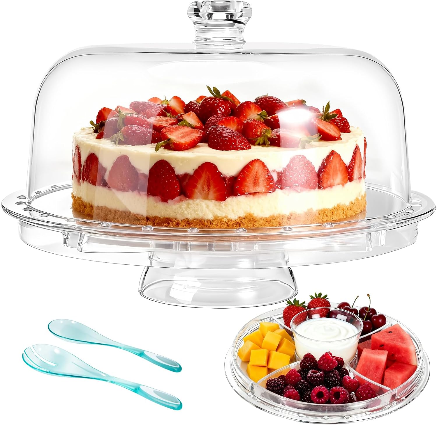 6-in-1 Multi-Functional Cake Stand with Dome Cover, BPA-Free Acrylic Serving Platter, Salad Bowl Divided Snack Tray, Shatterproof Dessert Display with Fork Spoon for Birthday Wedding Christmas Party