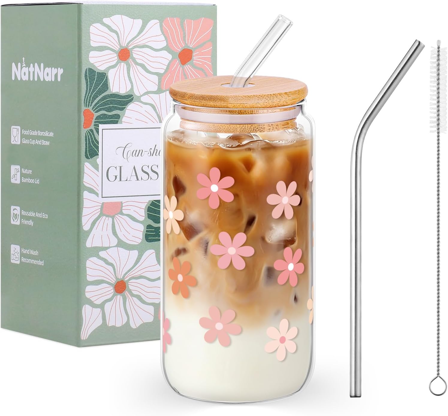 Cute Glass Cups with Lids and Straws, Aesthetic School Supplies 16oz Daisy Flower Iced Coffee Cup Girly Preppy Design Mug Tumbler for Teen Girls Women Bridesmaid Birthday Wedding Gifts Coffee Lover
