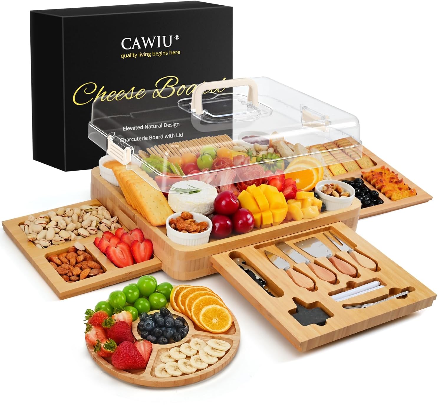 CAWIU Charcuterie Board with Lid – Large Bamboo Cheese Board Set with Utensils & Drawers – Housewarming, Wedding Gifts for Couples, Serving Tray with Cover (Cream)