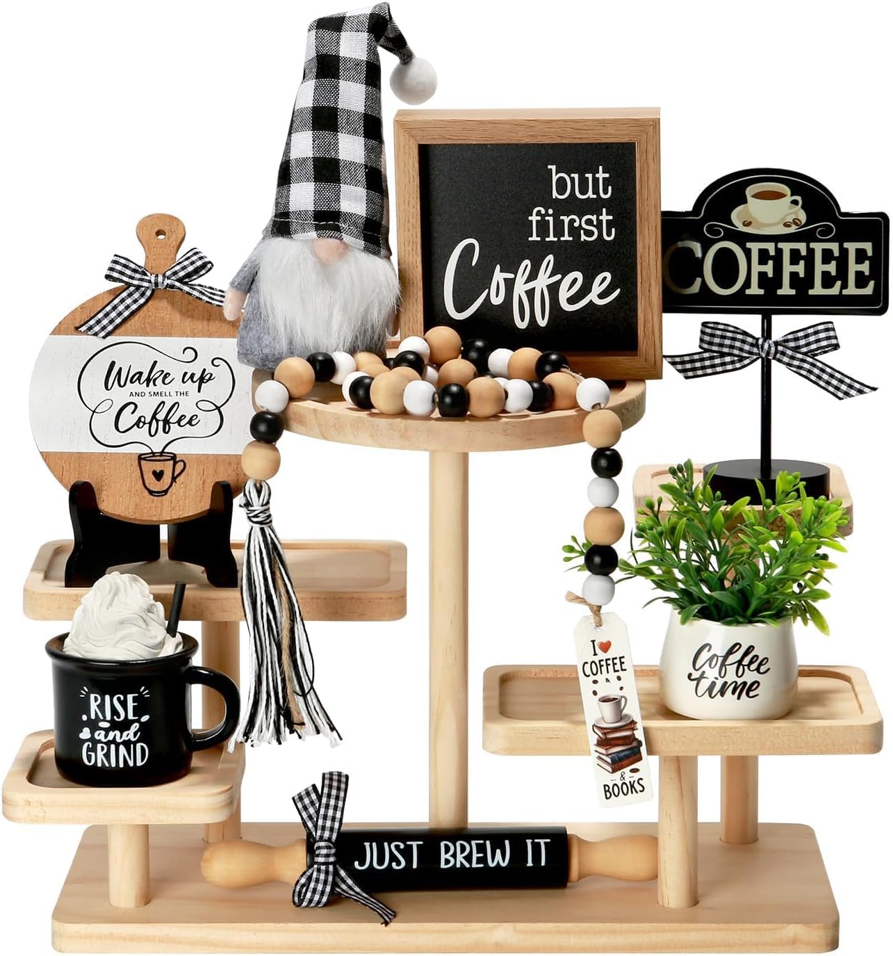 Coffee Bar Decor, 8 PCS Coffee Decorations Coffee Bar Accessories for Table Tiered Tray Shelf, Rustic Farmhouse Coffee Station Decor Tabletop Centerpieces Wooden Sign for Home Kitchen Office
