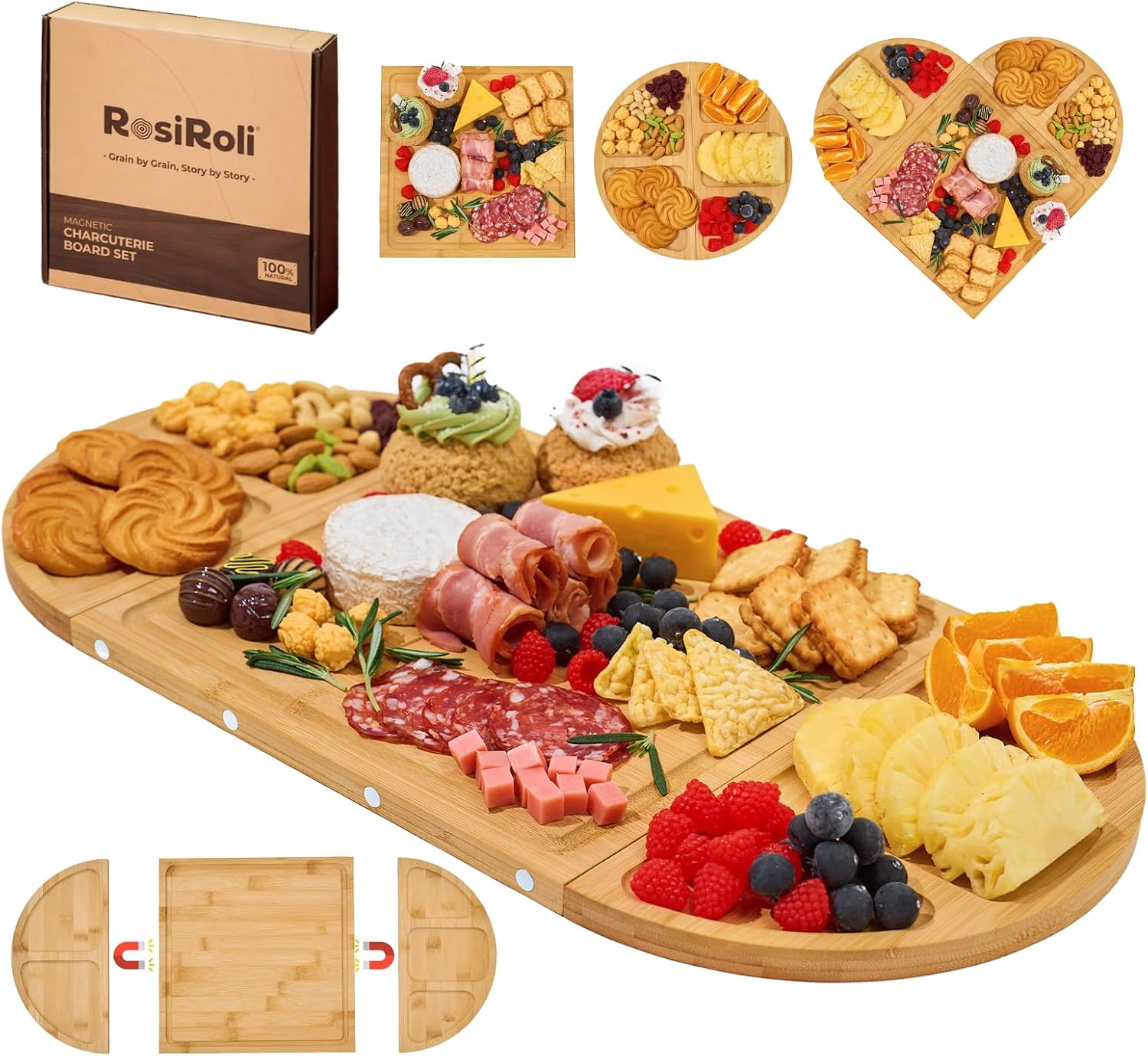 Charcuterie Board and Serving Set -Natural Bamboo Cheese Board Snack Tray Set with Magnetic – House Warming Gifts New Home, Wedding Gift, Bridal Shower Gift, Gifts for Mom & Women