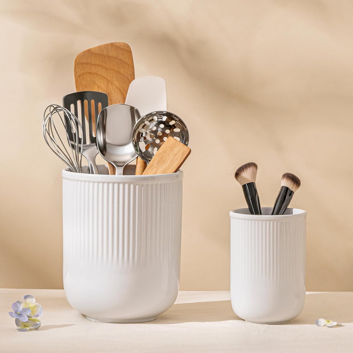 FOBENTA Utensil Holder, 7.3’’+5.4’’ Ceramic Kitchen Utensil Holder for Countertop, Large Utensil Crock–Cooking Utensil Organizer for Spatula & Spoon, Modern Kitchen Decor, Set of 2, White