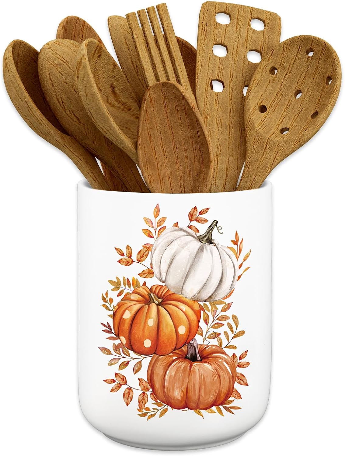 JarThenaAMCS Fall Ceramic Utensil Holder Watercolor Pumpkin Leaves Utensil Crock for Autumn Harvest Thanksgiving Home Kitchen Countertop Storage Organizer Container