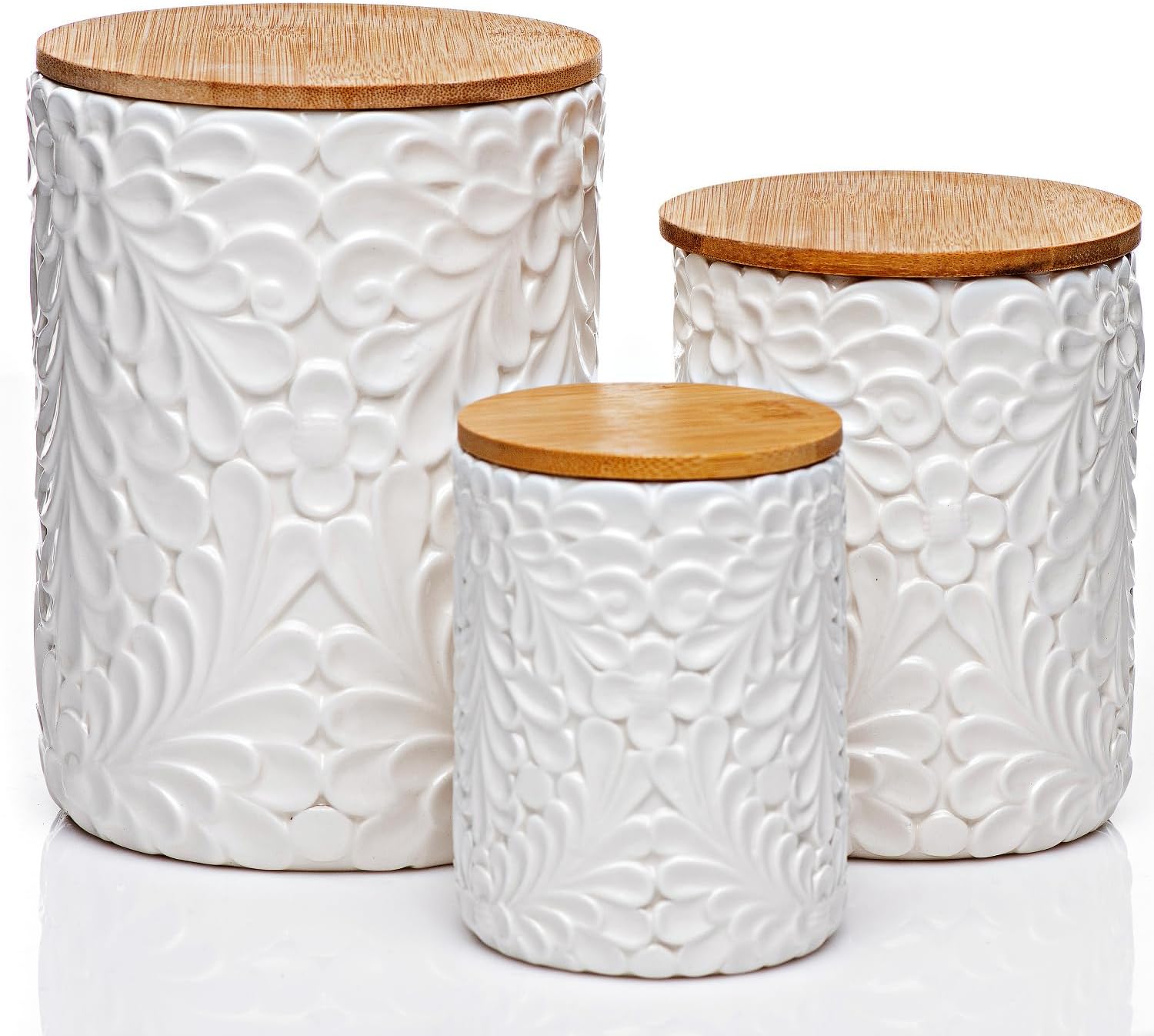Engraved Design Kitchen Canisters Set of 3 with 74 Oz, 36 Oz, and 18 Oz – White Storage Jars for Countertop with Airtight Bamboo Lids – Large Flour Tea Coffee Sugar Spices Container – Decorative