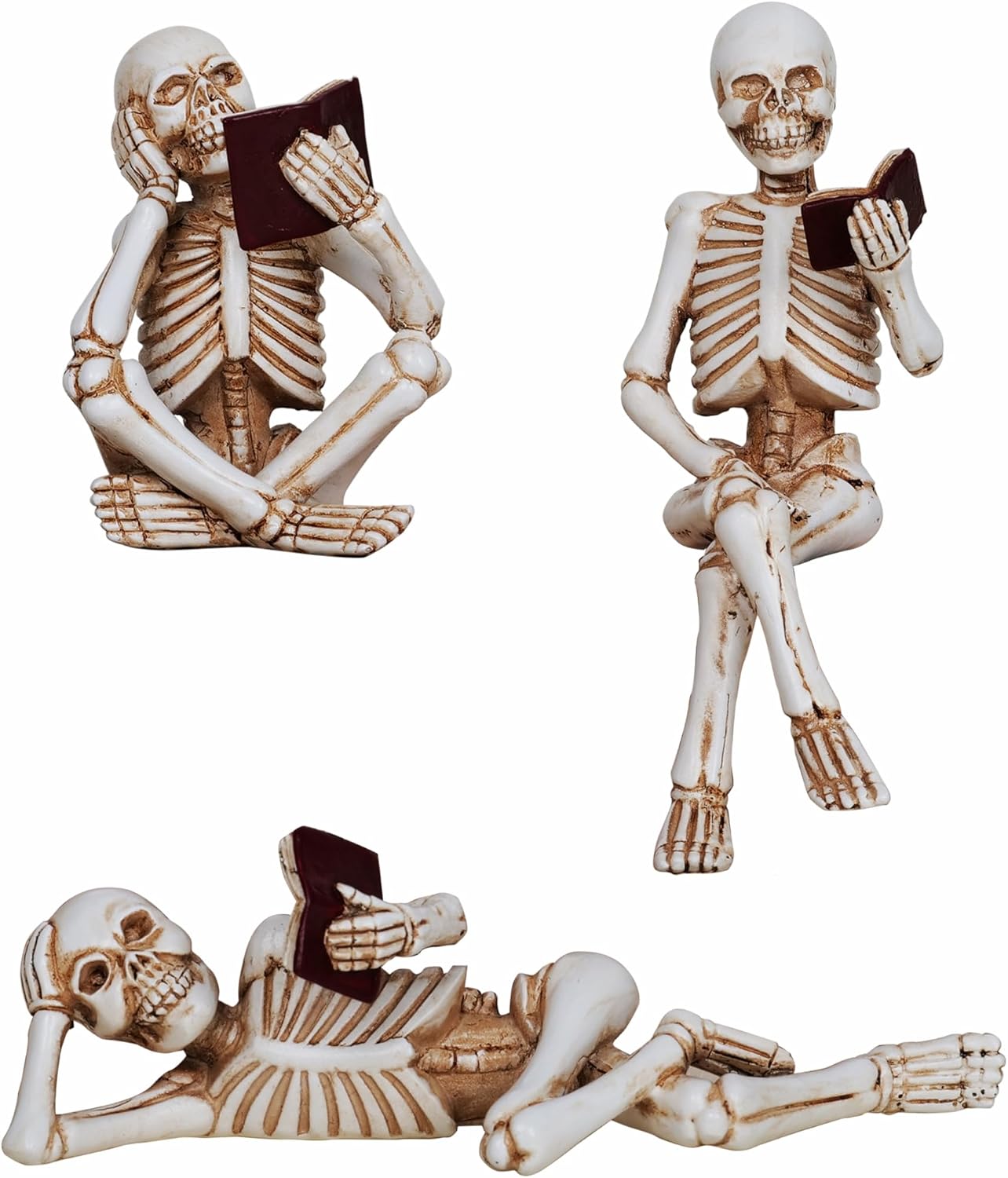 Dlfghos 3 Pieces Halloween Skeleton Statue Halloween Skull Figurine Home Decor Reading Skeleton Figurines Decorations for Indoor Fireplace Home Kitchen Desk Office Party