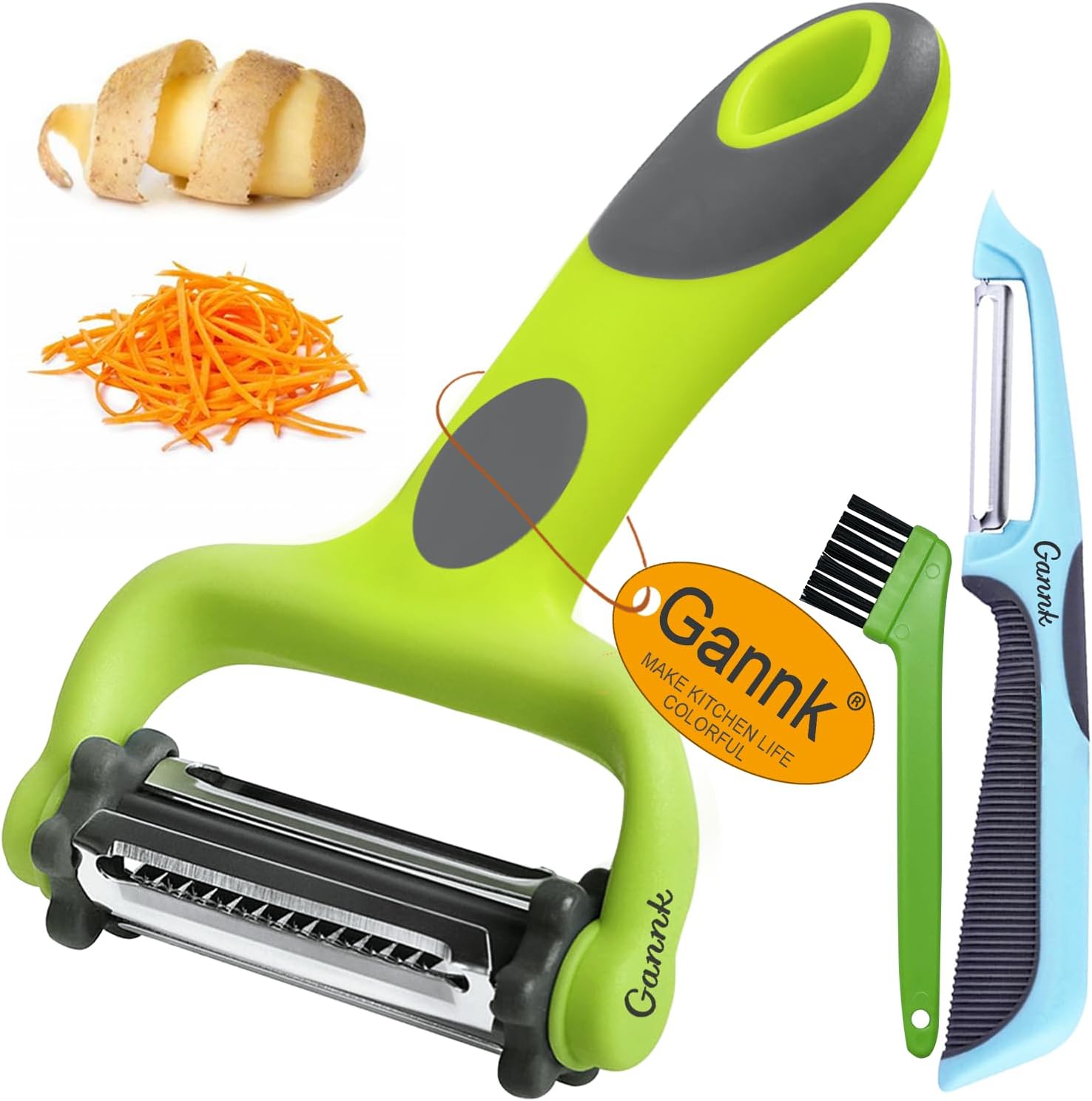 GANNK Potato Apple Vegetable Peelers for Kitchen, I and Y Peelers for Fruit Veggie Potatoes Carrot Cucumber, 3 in 1 Blade Spin Design With Julienne Multifunctional