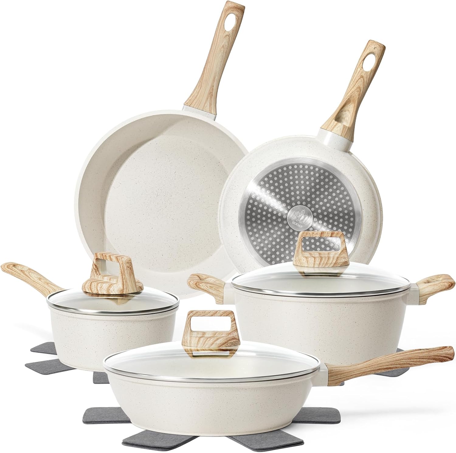SODAY 12 Pcs Pots and Pans Set Non Stick, Cookware Sets White Granite Induction Cookware, Non-toxic Healthy Nonstick Kitchen Cooking Set with Frying Pan Set, Saucepans (PFAS/PFOA/PFOS Free)
