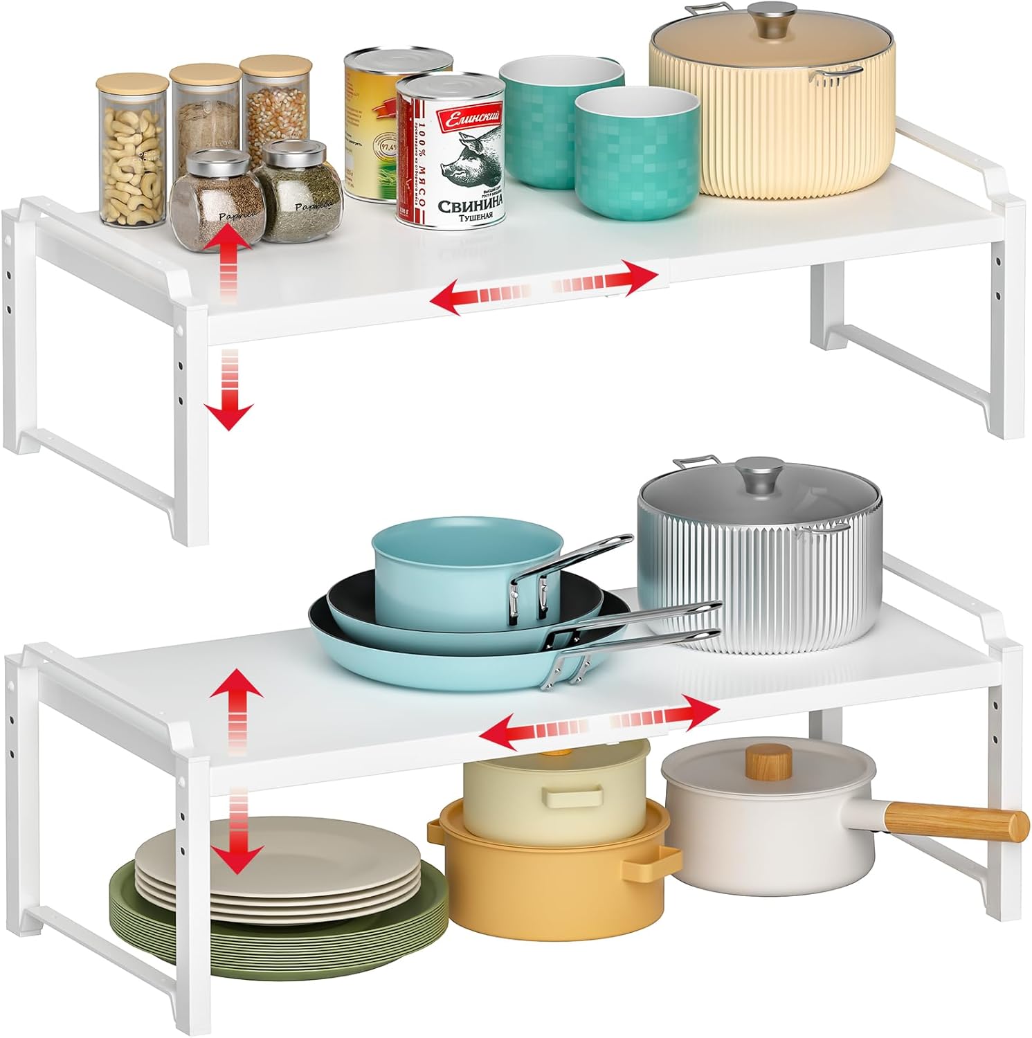 X-cosrack 12″ Wide 100LBS Loading-Bearing Heavy Duty Kitchen Storage Shelf, Expandable Cabinet Shelf Organizer, Stackable Adjustable Storage Shelves for Kitchen Cabinet Cupboard Pantry Counter