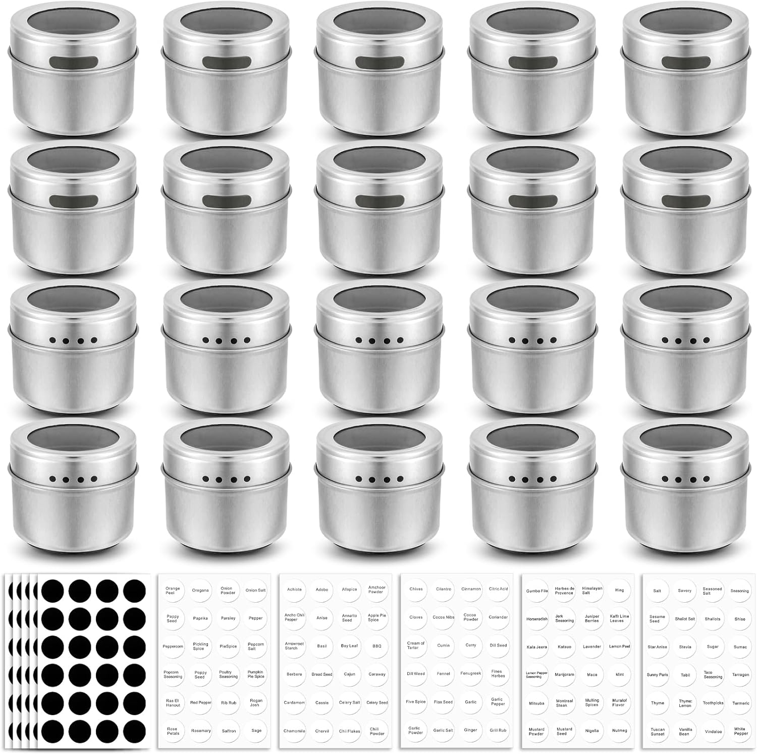 Bekith 20 Pack Magnetic Spice Jars, Magnetic Spice Containers for Refrigerator, Seasoning Tins with Clear Top Lid, 240 PVC Spice Label Set