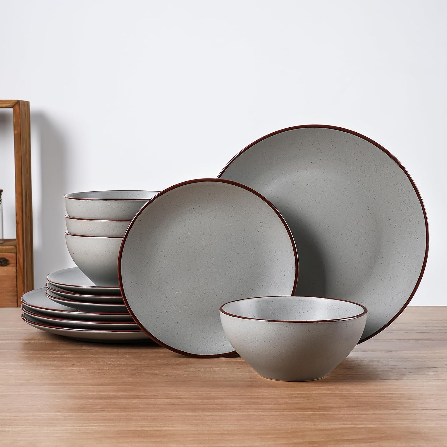 Famiware Venus Plates and Bowls Sets with Trim, 12 Pieces Speckled Stoneware Dishes Dinnerware Set for 4, Matte Dark Gray – Microwave & Dishwasher Safe, Modern Minimalist, Everyday & Formal Dining