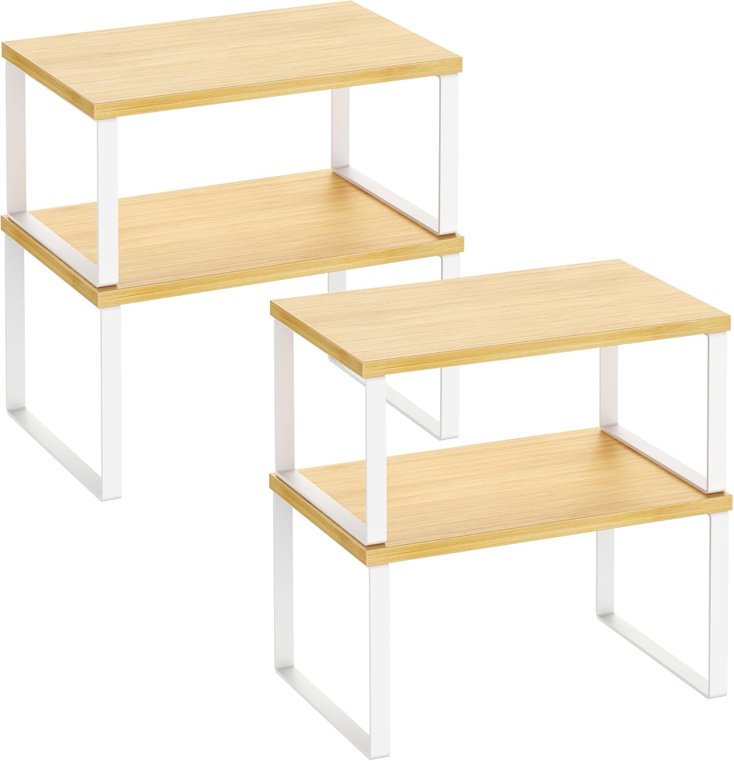 Kitchen Cabinet Organizer Shelf Set of 4, Sturdy Kitchen Counter Shelves with Metal Legs, Stackable Expandable Wood Spice Rack Pantry Cupboard Dish Mug Cup Storage Organizer Shelf,White+Bamboo