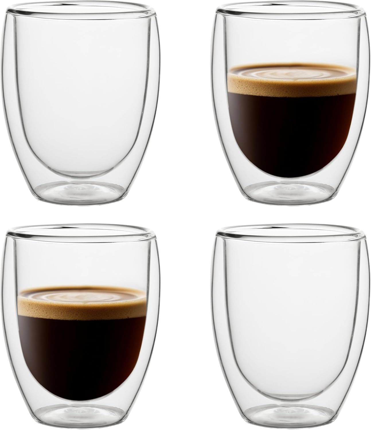 NIRA.Z 4 Pack 11.6oz/343ml Double Wall Glass Coffee Mugs, No Hole Bottom, Insulated Borosilicate Glass Coffee Cups, Clear Mugs for Hot & Cold Beverages, Perfect for Espresso, Latte, Tea, Cappuccino