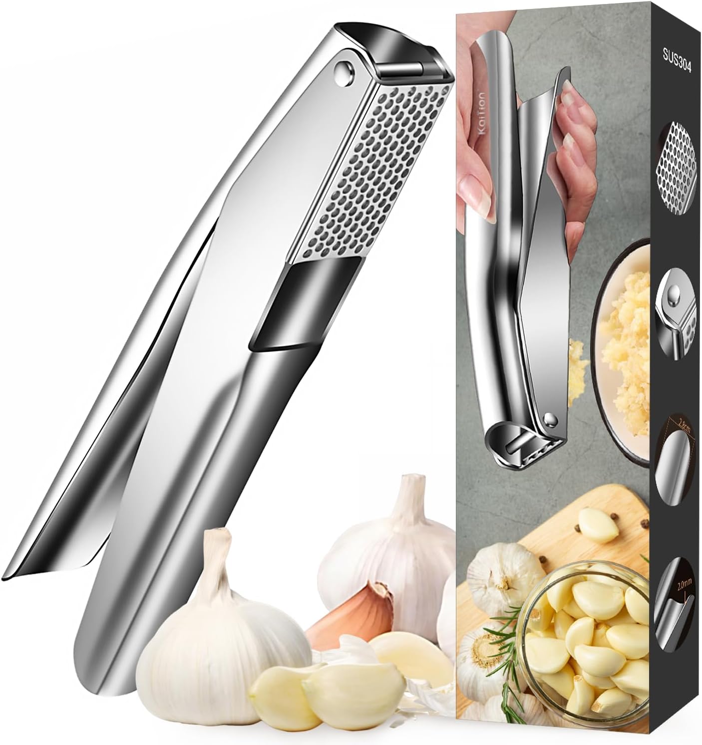 Garlic Press Stainless Steel, Garlic Crusher, Dishwasher Safe | 304 stainless steel, no peeling, ergonomic handles, dishwasher safe, 5 cm chamber