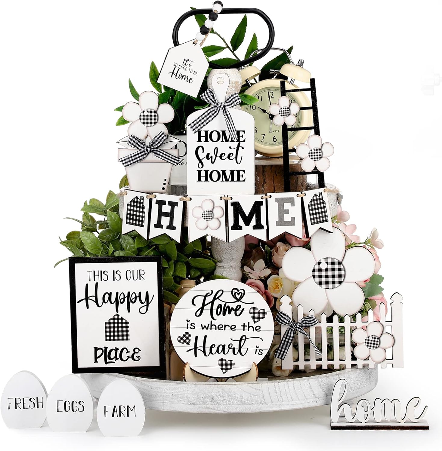 Tatuo 18 Pcs Farmhouse Tiered Tray Decor Set Home Wooden Signs Rustic Home Tiered Tray Decorations Buffalo Plaid Farmhouse Tabletop Wood Signs for Kitchen Table Shelf Decor
